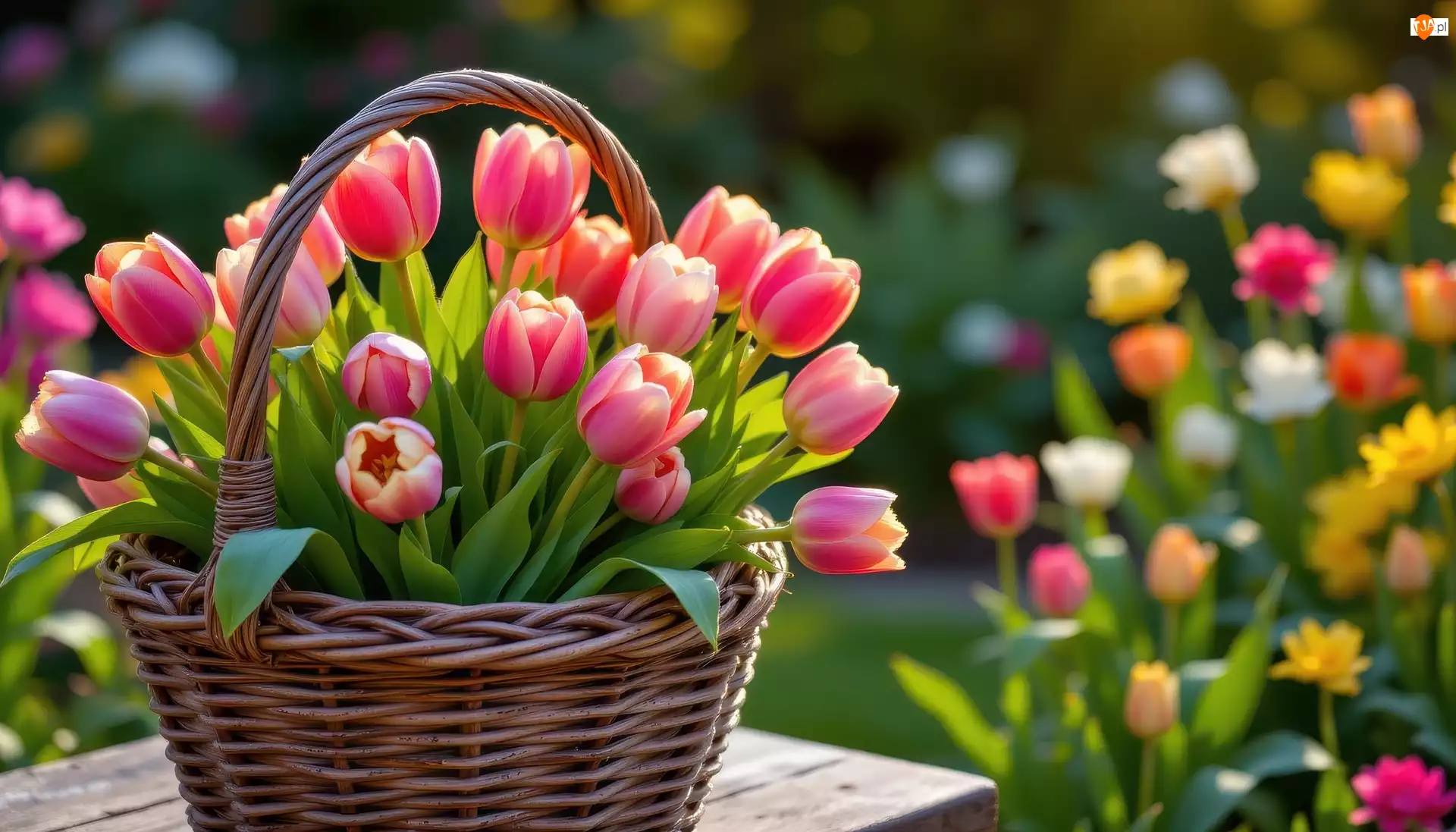Koszyk, Różowe, Tulipany, Wiklinowy