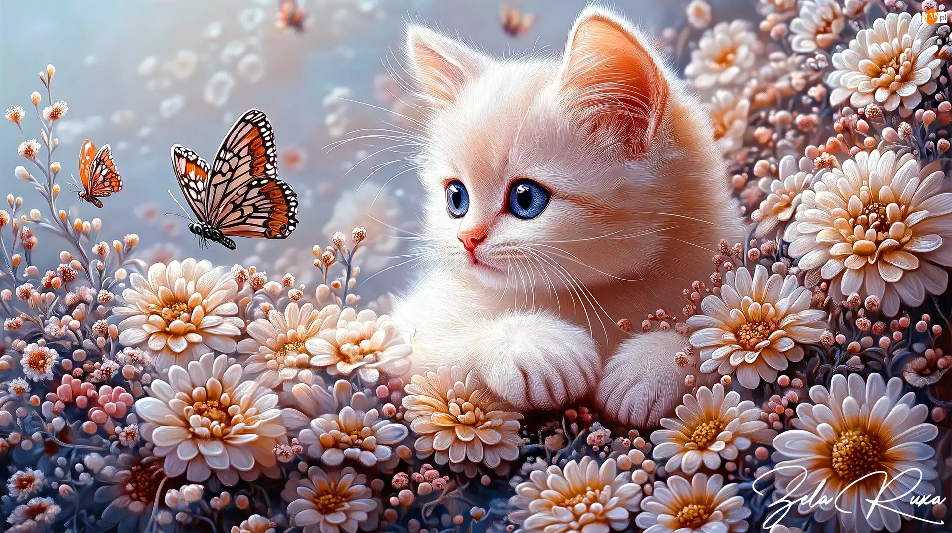 Kwiaty, Grafika AI, Kotek, Kot, Motyle