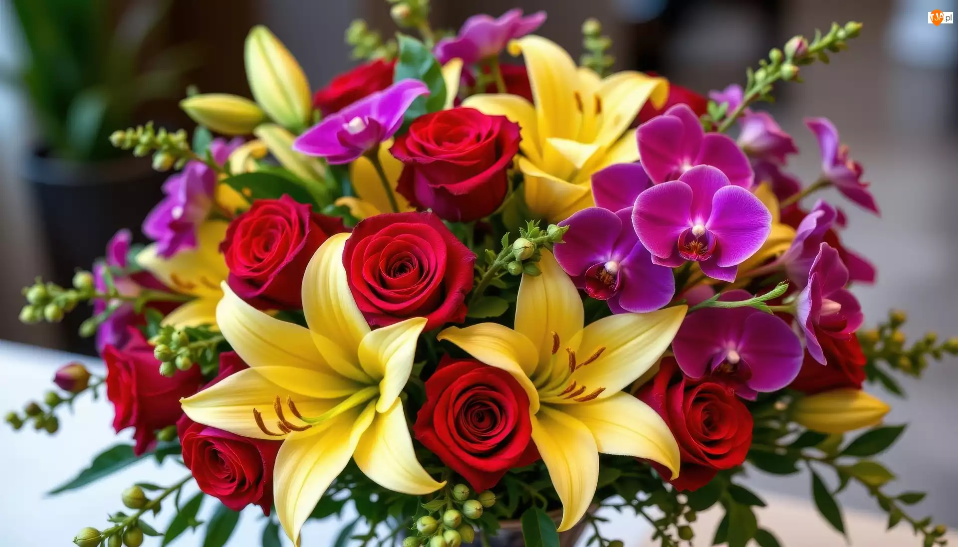 Fioletowe, Kwiaty, Czerwone, Storczyki, Żółte, Róże, Bukiet, Lilie