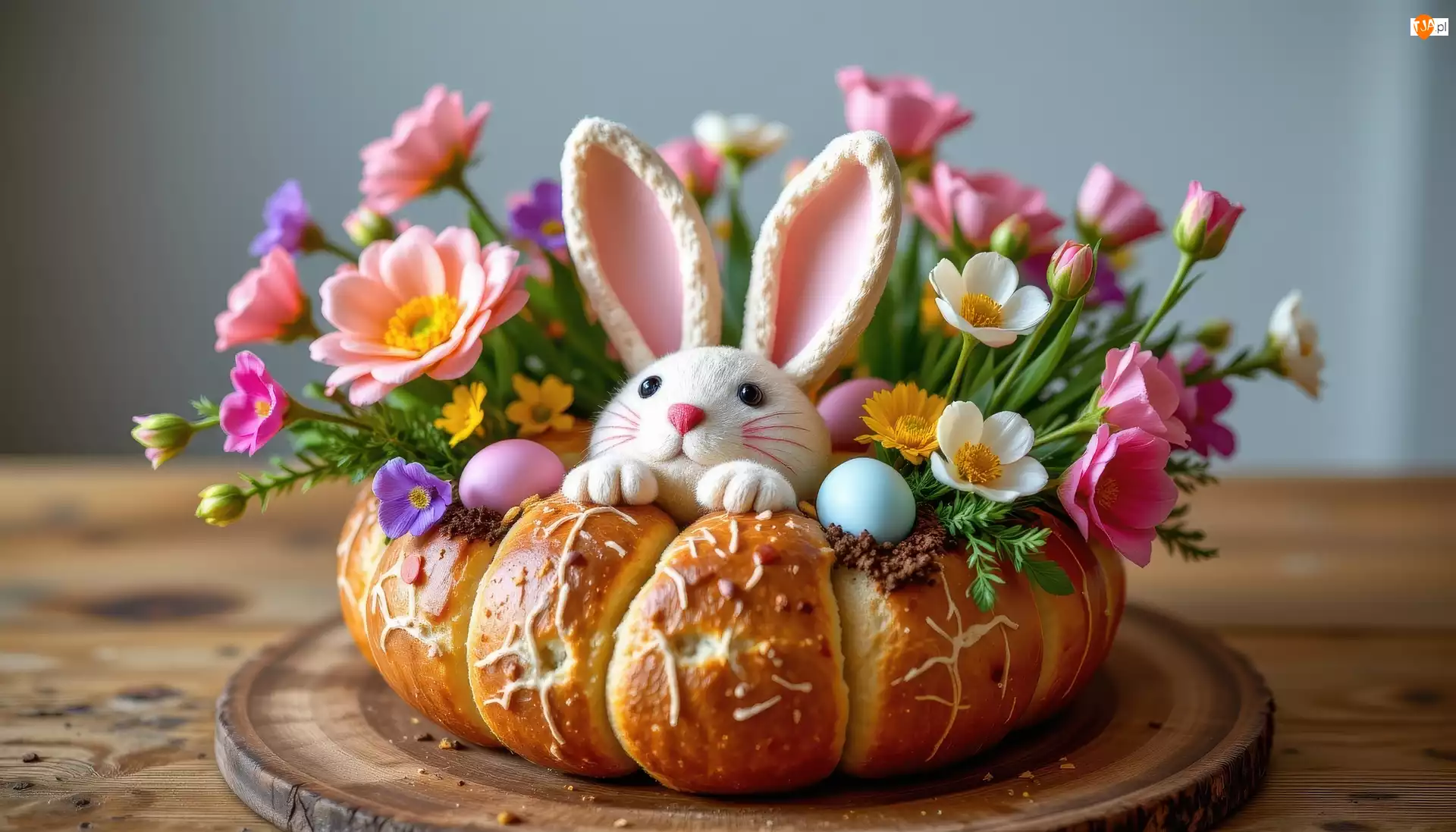 Chleb, Wielkanoc, Kwiaty, Deska, Królik, Jajka