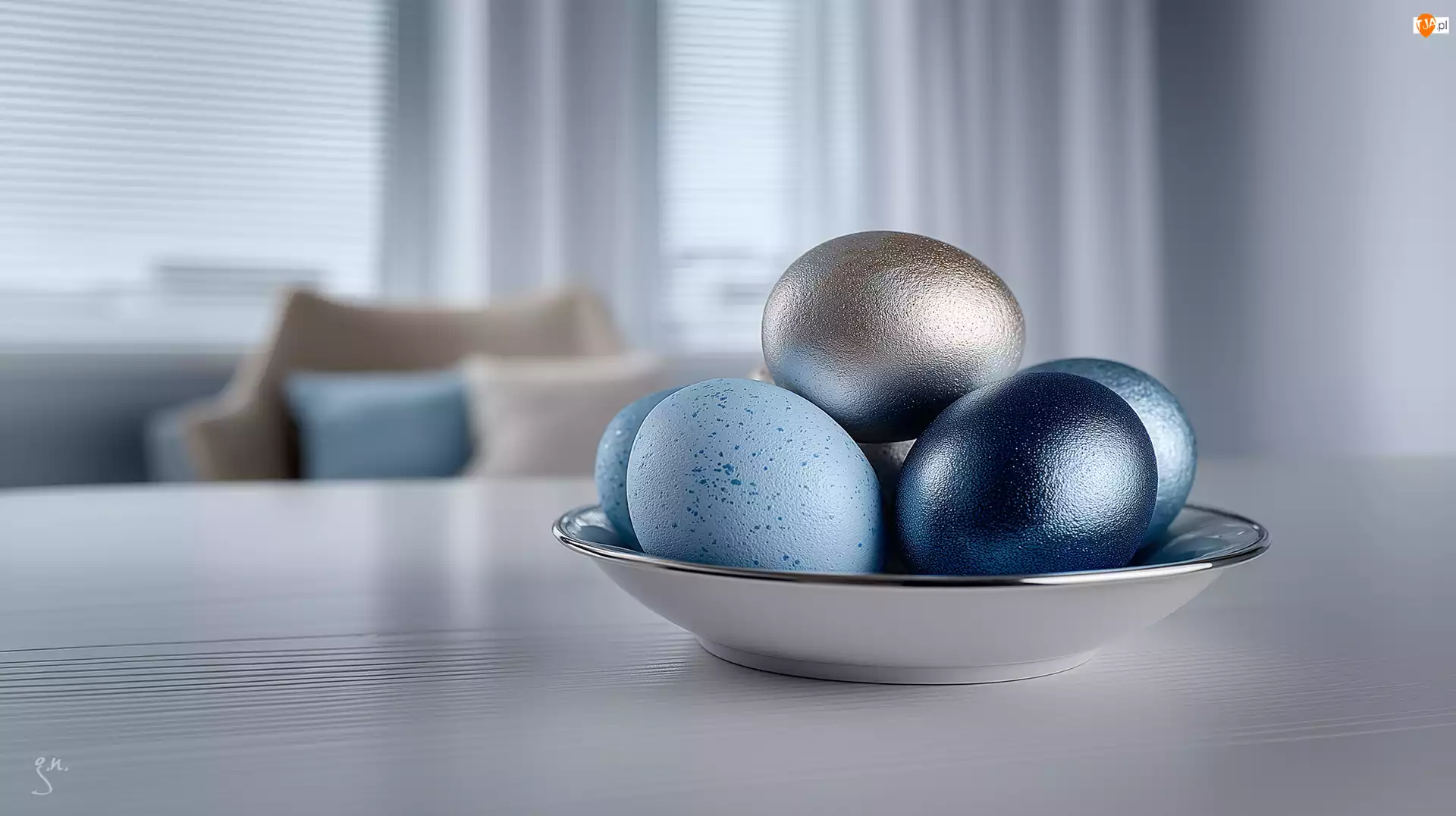 Jajka, Pisanki, Grafika AI, Niebieskie, Stół, Talerz, Wielkanoc
