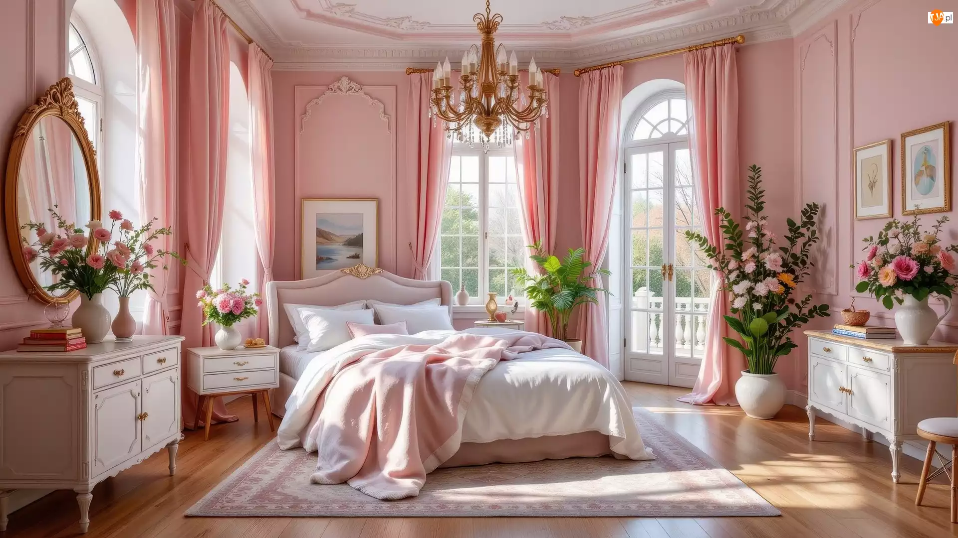 Zasłony, Łóżko, Różowe, Lustro, Żyrandol, Komody, Kwiaty, Sypialnia, Bukiety