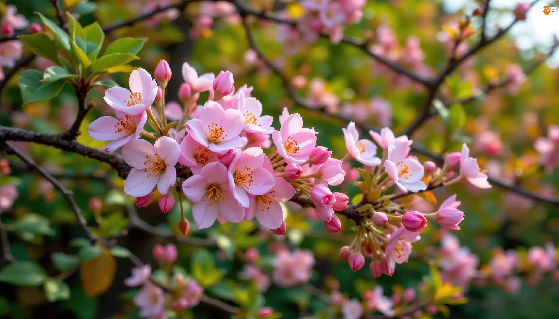 Różowe, Grafika AI, Gałązka, Okwiecona, Kwiaty