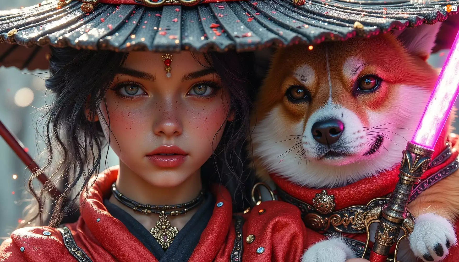 Grafika AI, Dziewczyna, Pies, Miecz