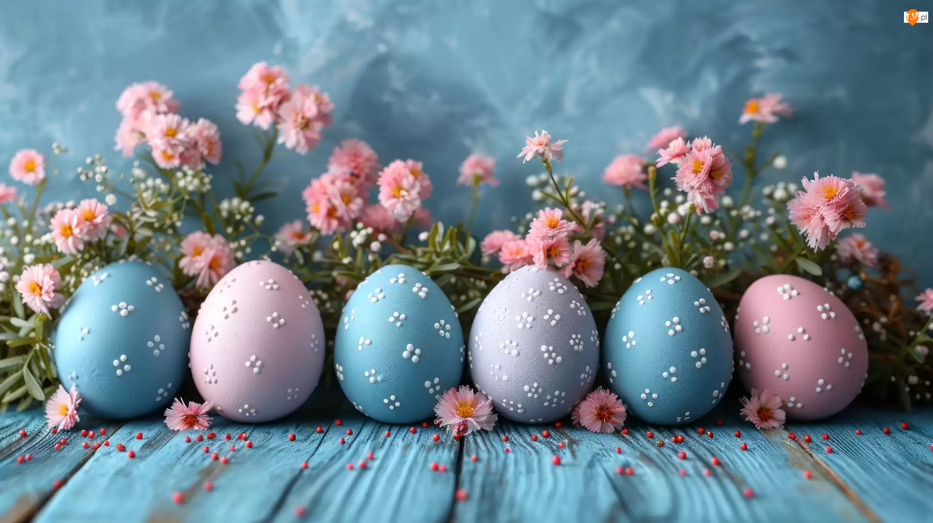 Różowe, Niebieskie, AI, Wielkanoc, Deski, Kwiaty, Pisanki