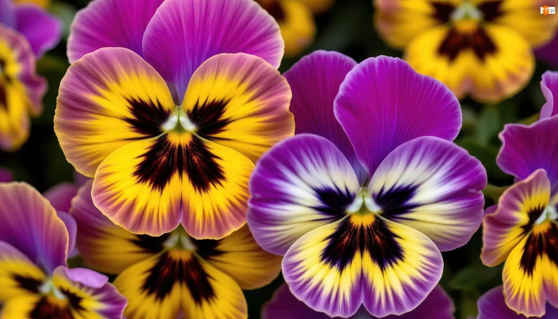 Zbliżenie, Bratki, Żółto-fioletowe