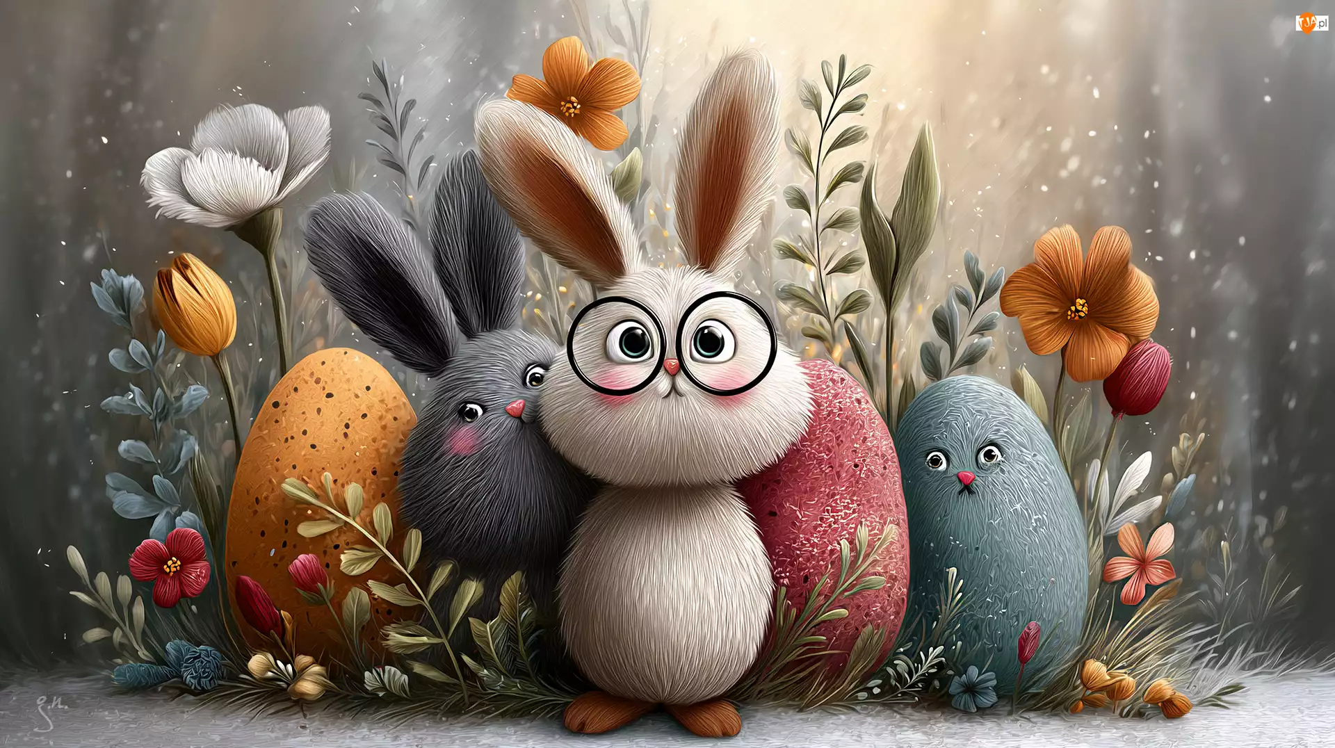 Kwiaty, Wielkanoc, Jajka, Zajączki, Grafika AI