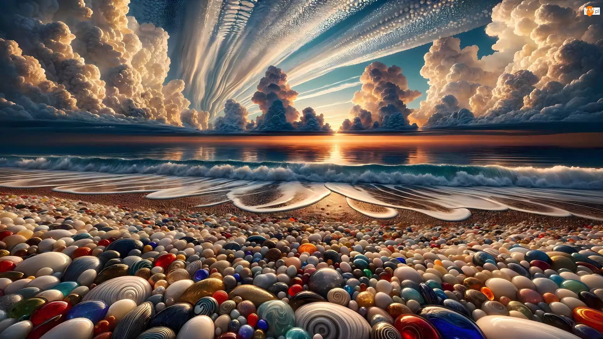 Kolorowe, Kamienie, Grafika AI, Plaża, Chmury, Niebo, Morze