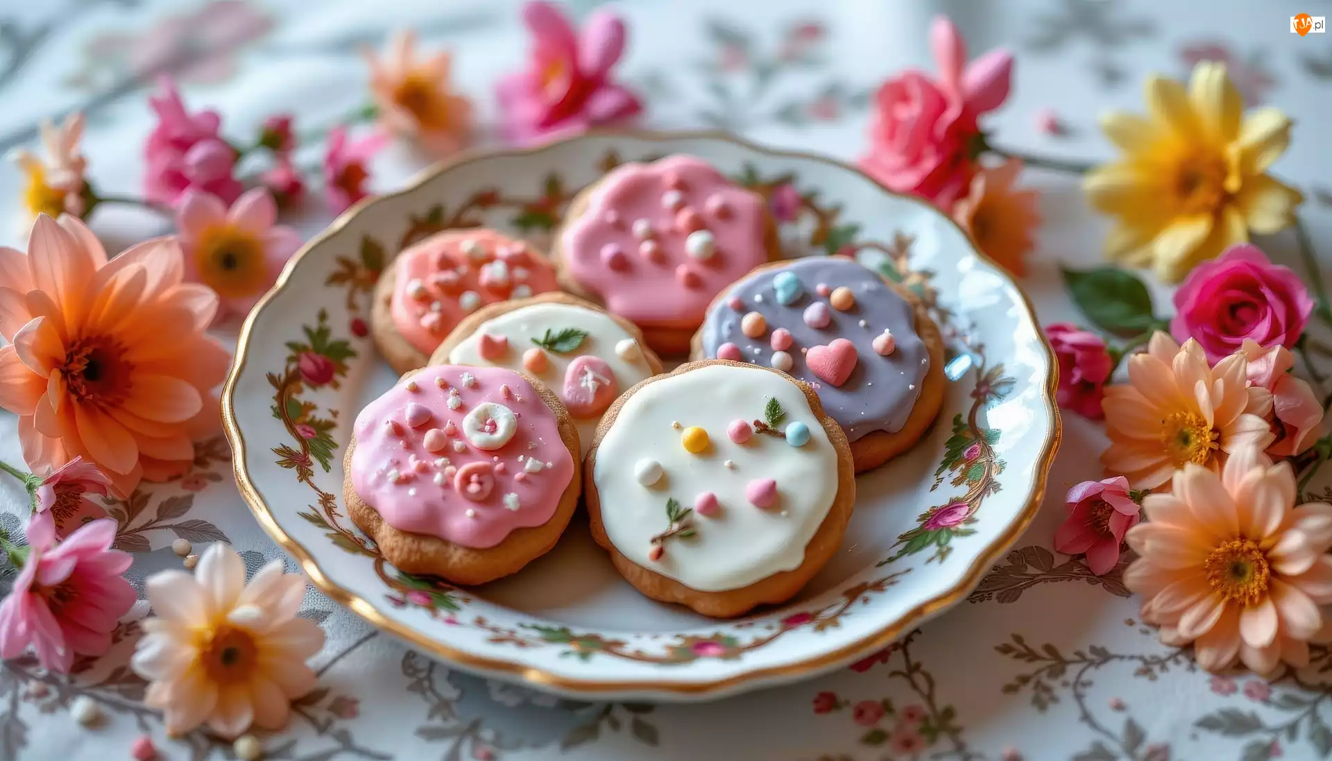 Kwiaty, Lukrowane, Ciasteczka, Talerz