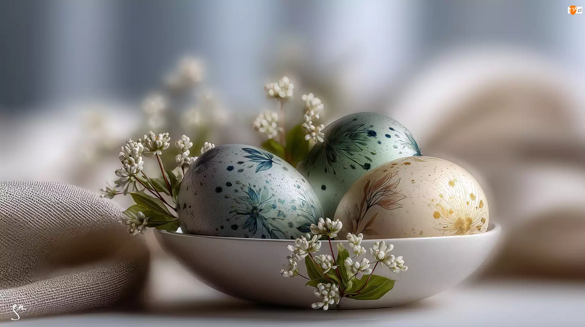 Jajka, Wielkanoc, Białe, Miska, Pisanki, Kwiaty