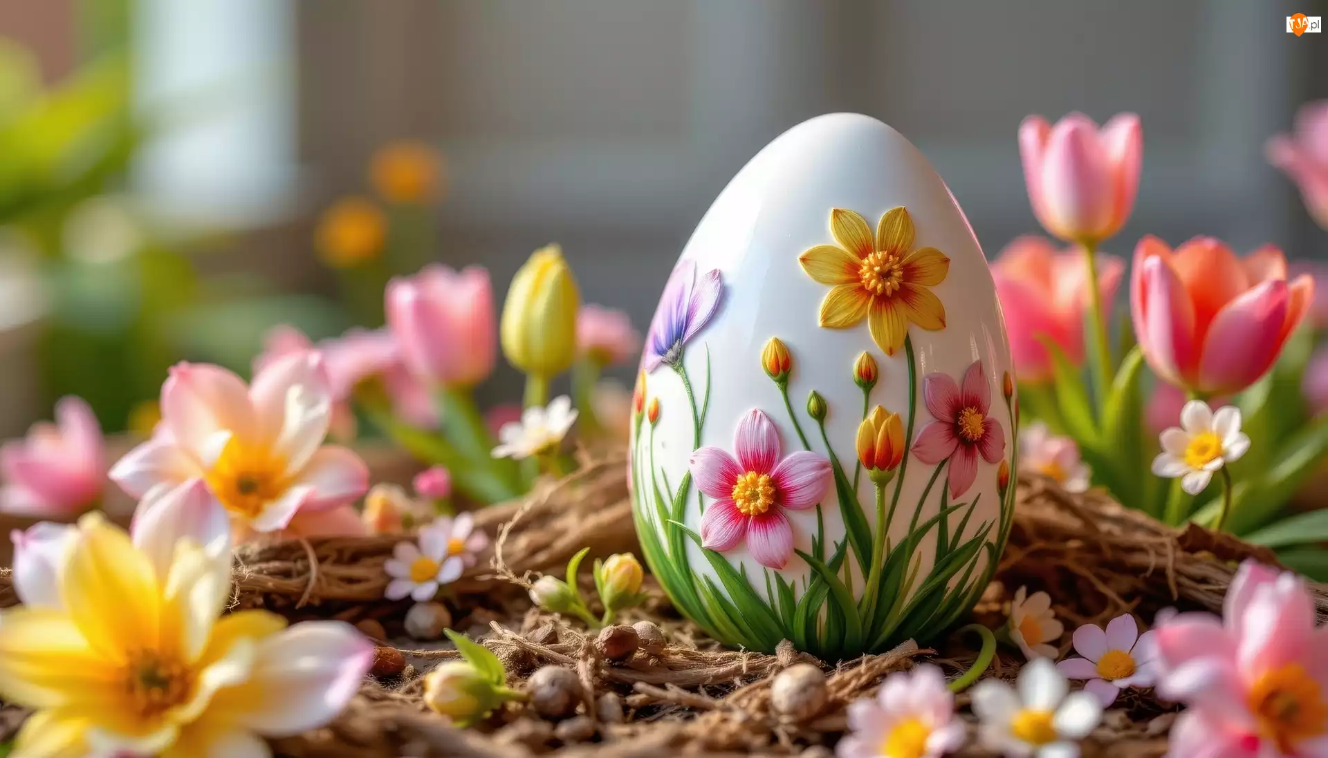 Pisanka, Wielkanoc, Jajko, Białe, Kwiaty