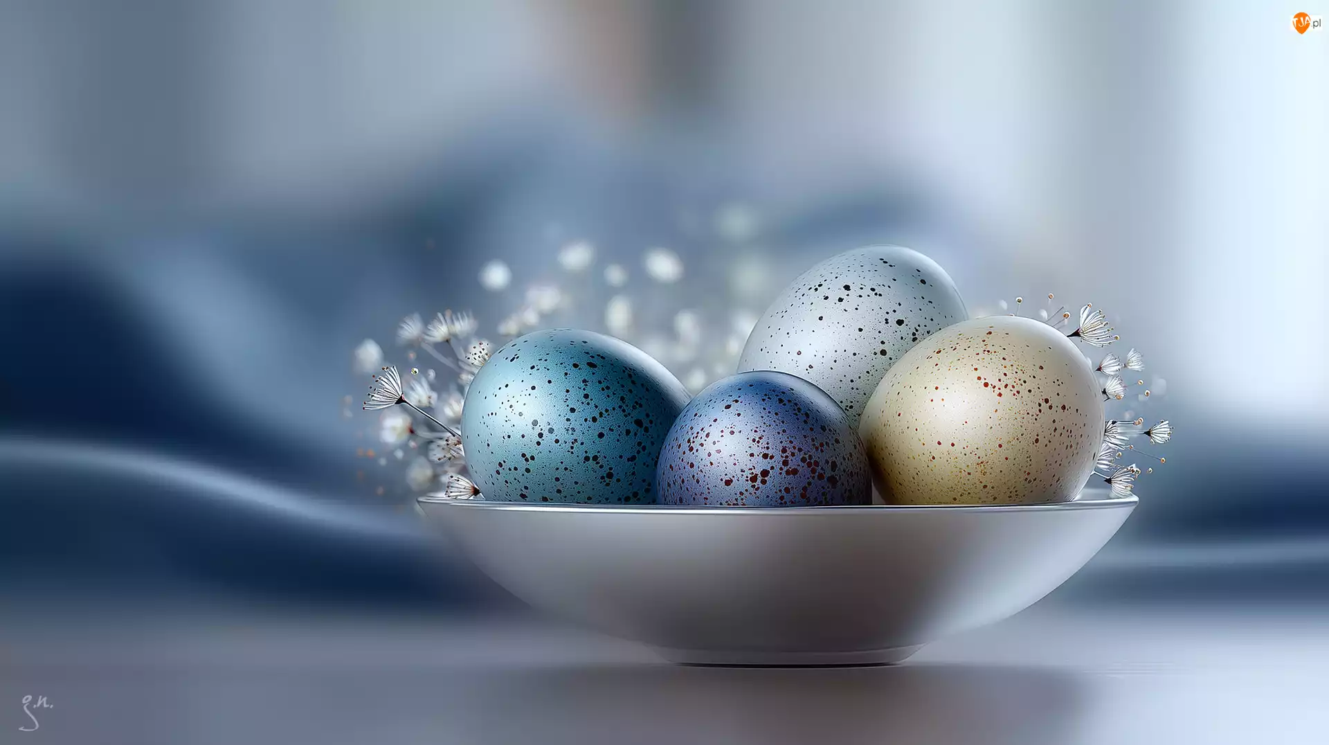 Pisanki, Wielkanoc, Białe, Grafika AI, Miska, Kwiatki