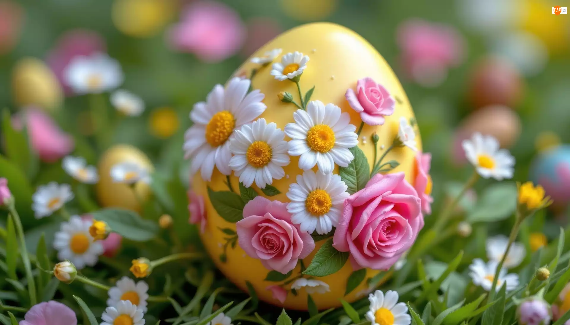 Pisanka, Kwiaty, Jajko, Wielkanoc, Łąka