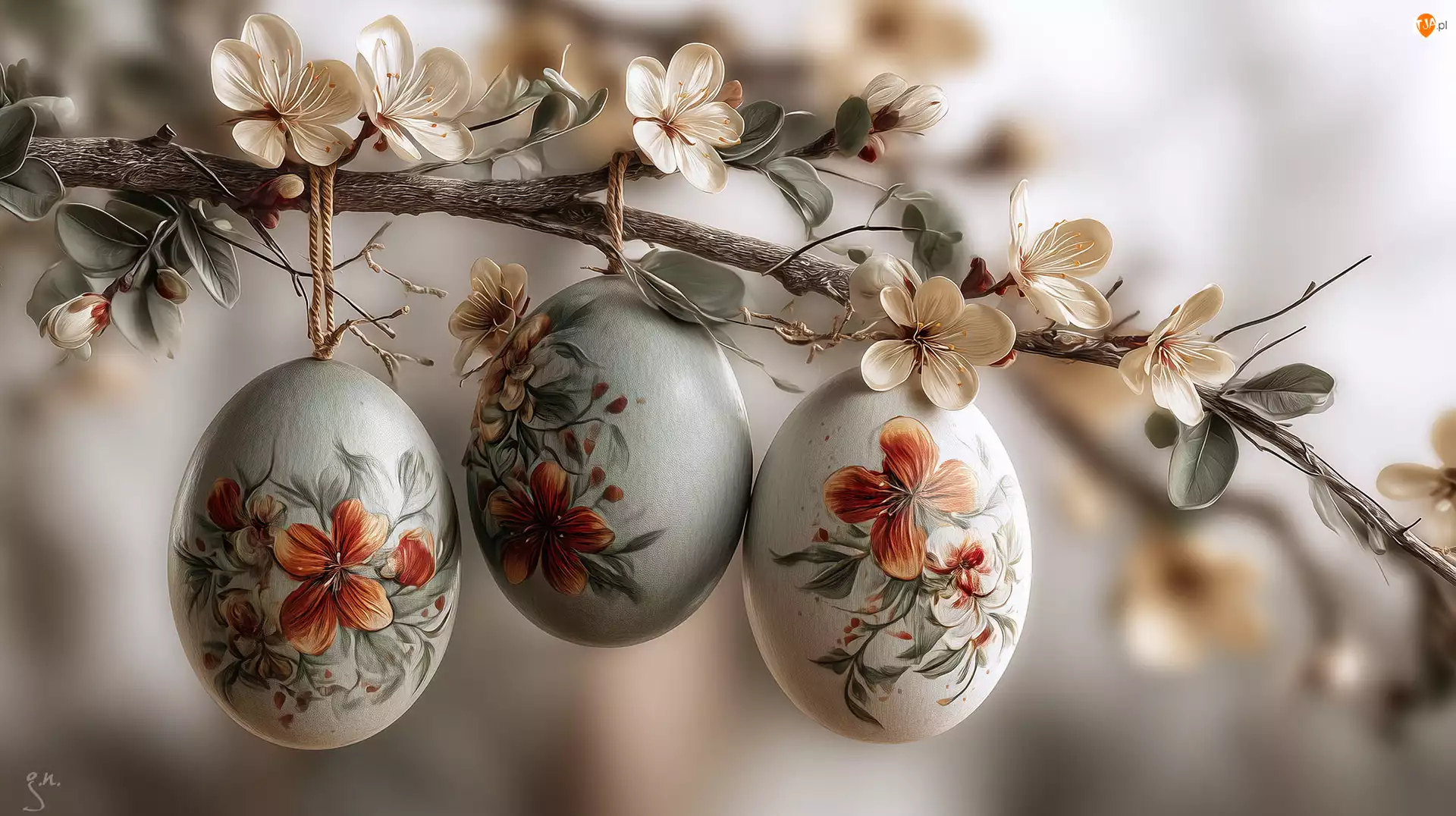 Trzy, Pisanki, Grafika AI, Wielkanoc, Kwiaty, Białe, Gałązka