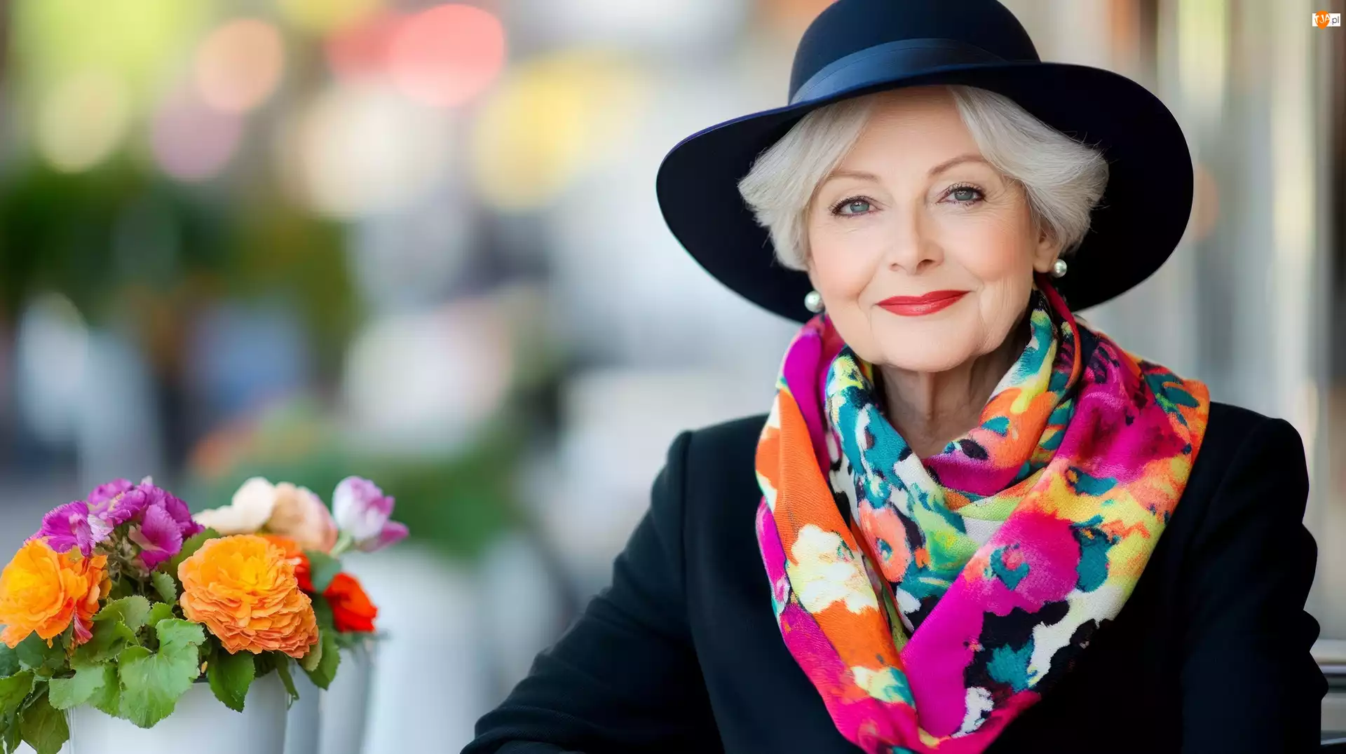 Uśmiech, Kobieta, Szalik, Kwiaty, Kolorowy, Kapelusz