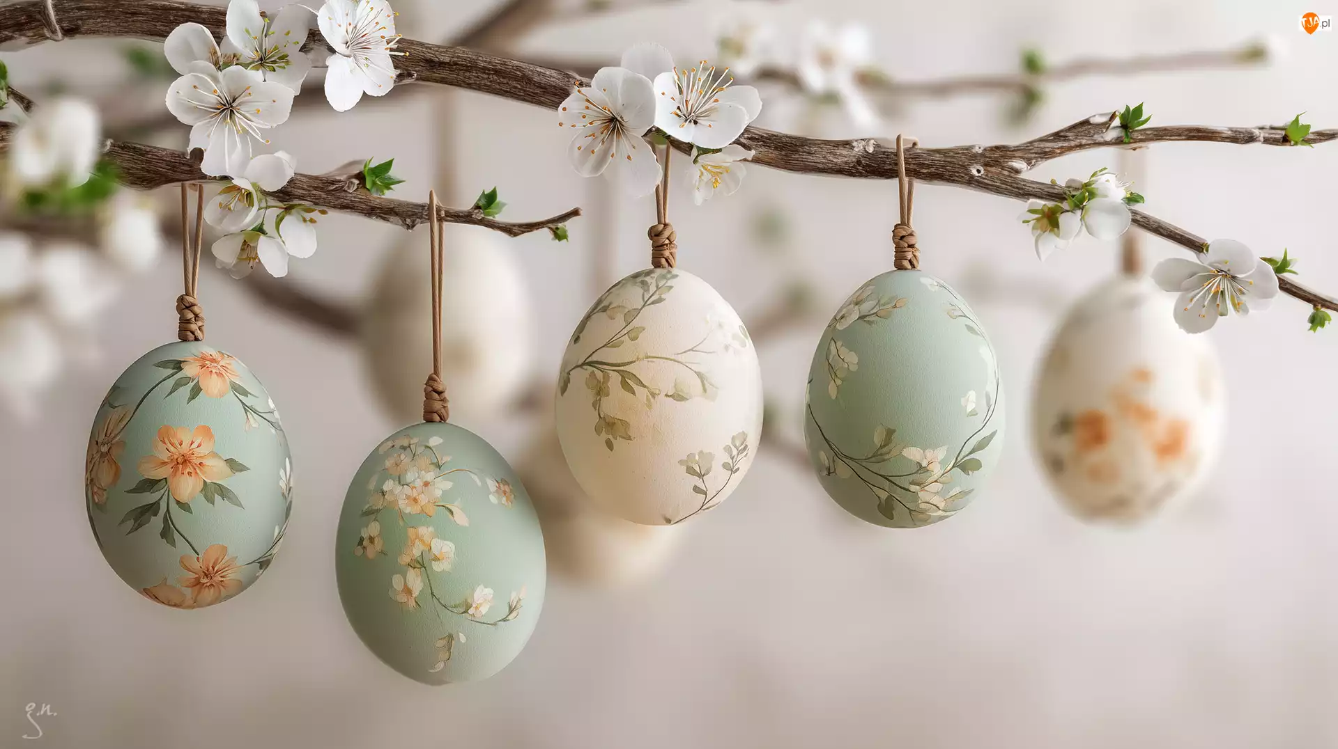 Białe kwiaty, Grafika AI, Gałązka, Pisanki, Wielkanoc