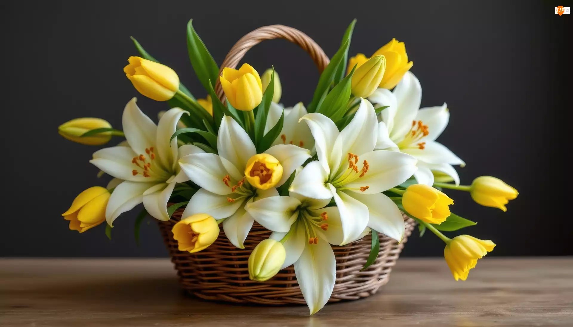 Białe, Kwiaty, Żółte, Koszyk, Lilie, Tulipany