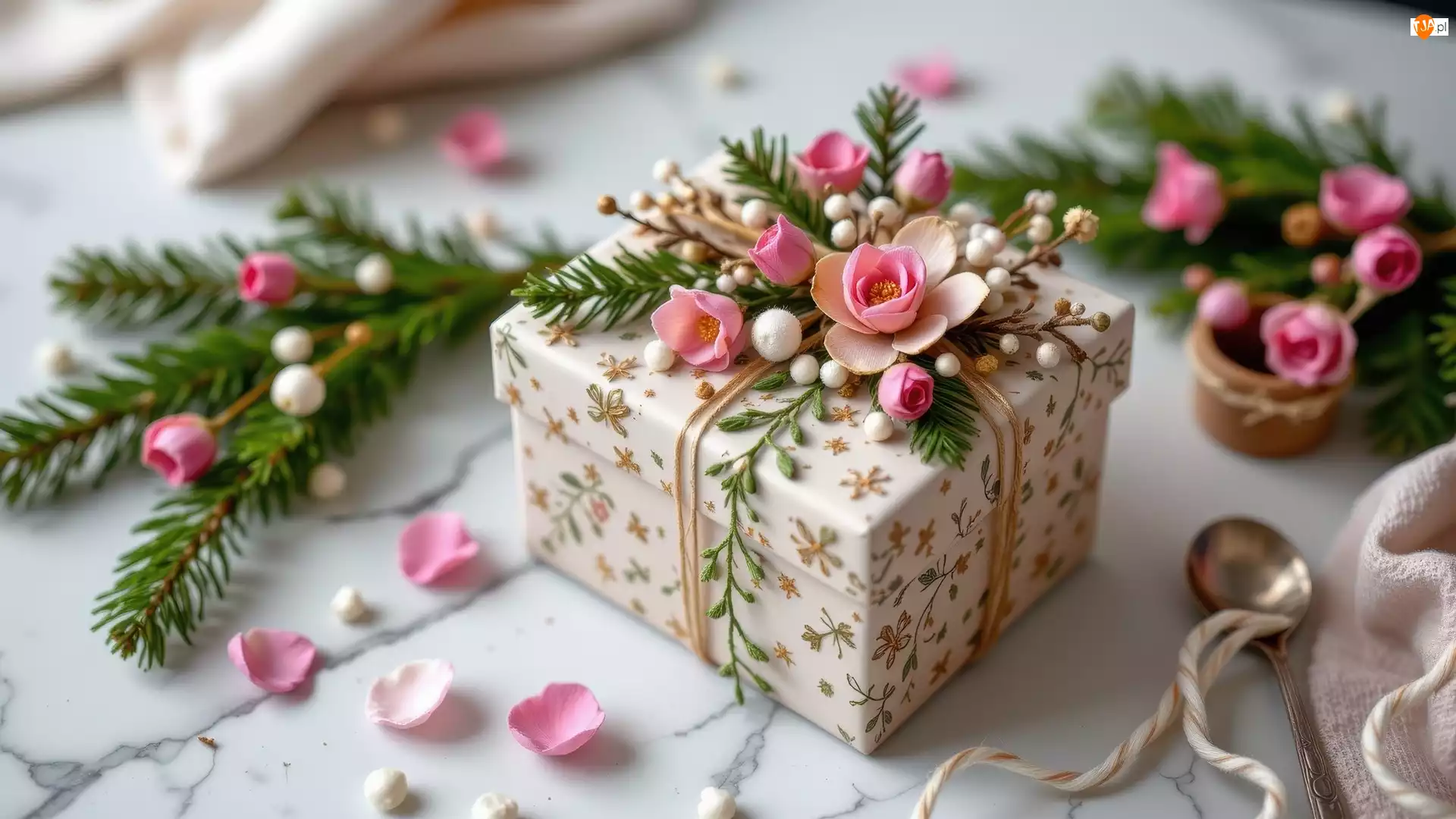 Różowe, Kwiaty, Kwiatów, Prezent, Płatki, Gałązki, Zielone