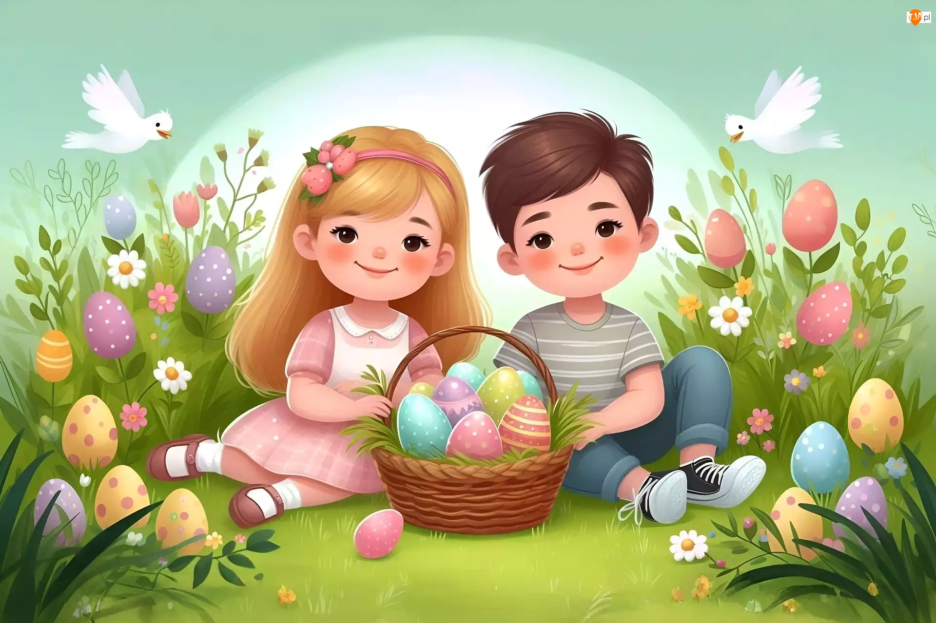 Pisanki, Koszyk, Dzieci, Wielkanoc, Łąka