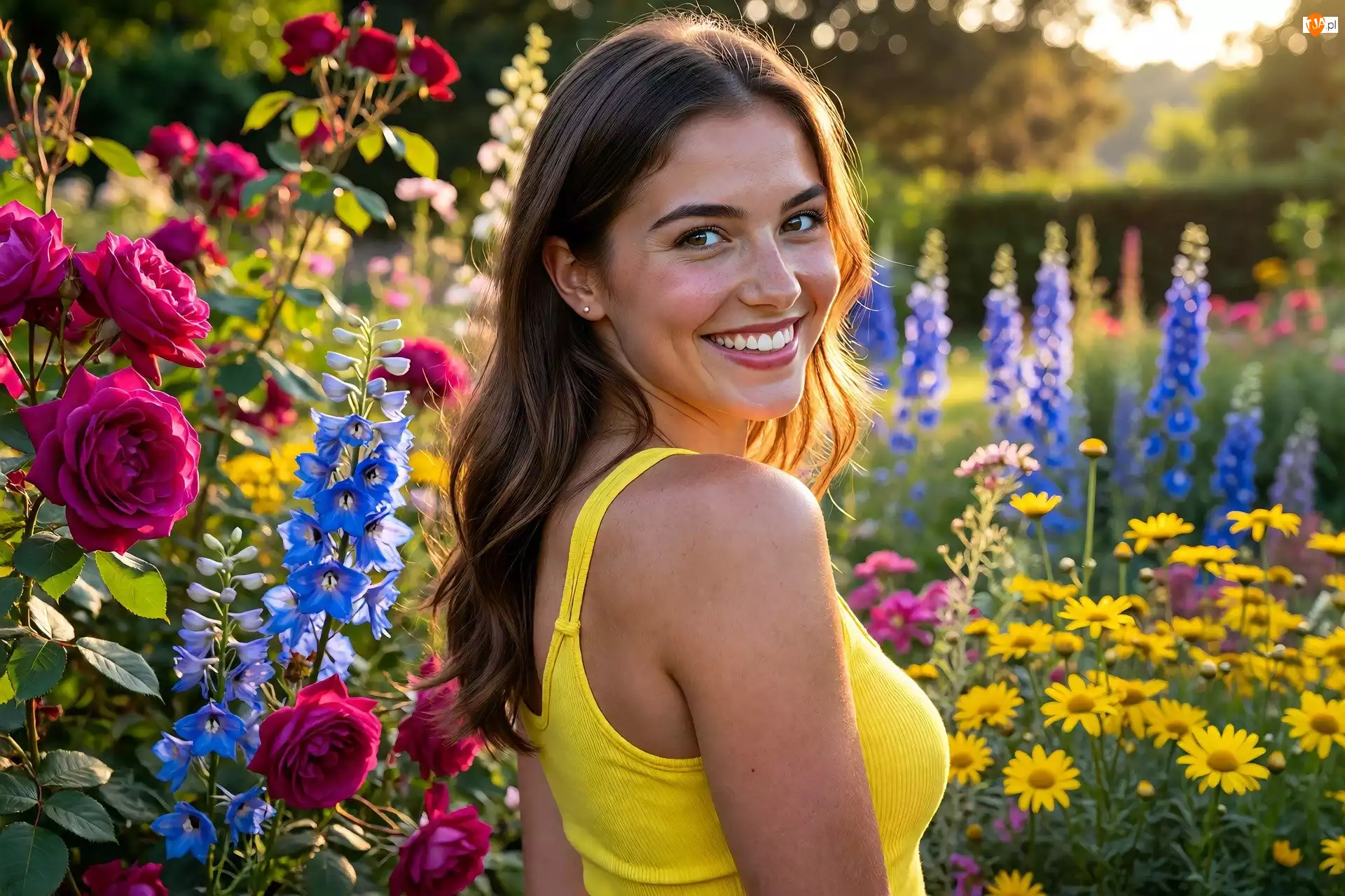 Ogród, Kobieta, Uśmiechnięta, Kwiaty