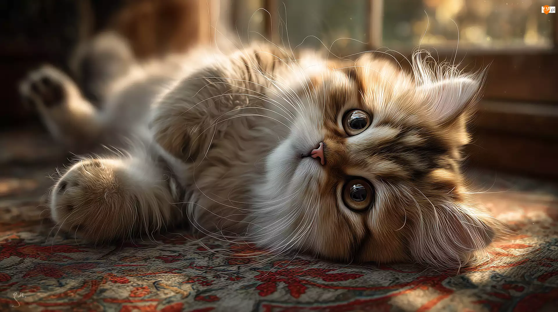 Grafika AI, Leżący, Kot, Dywan