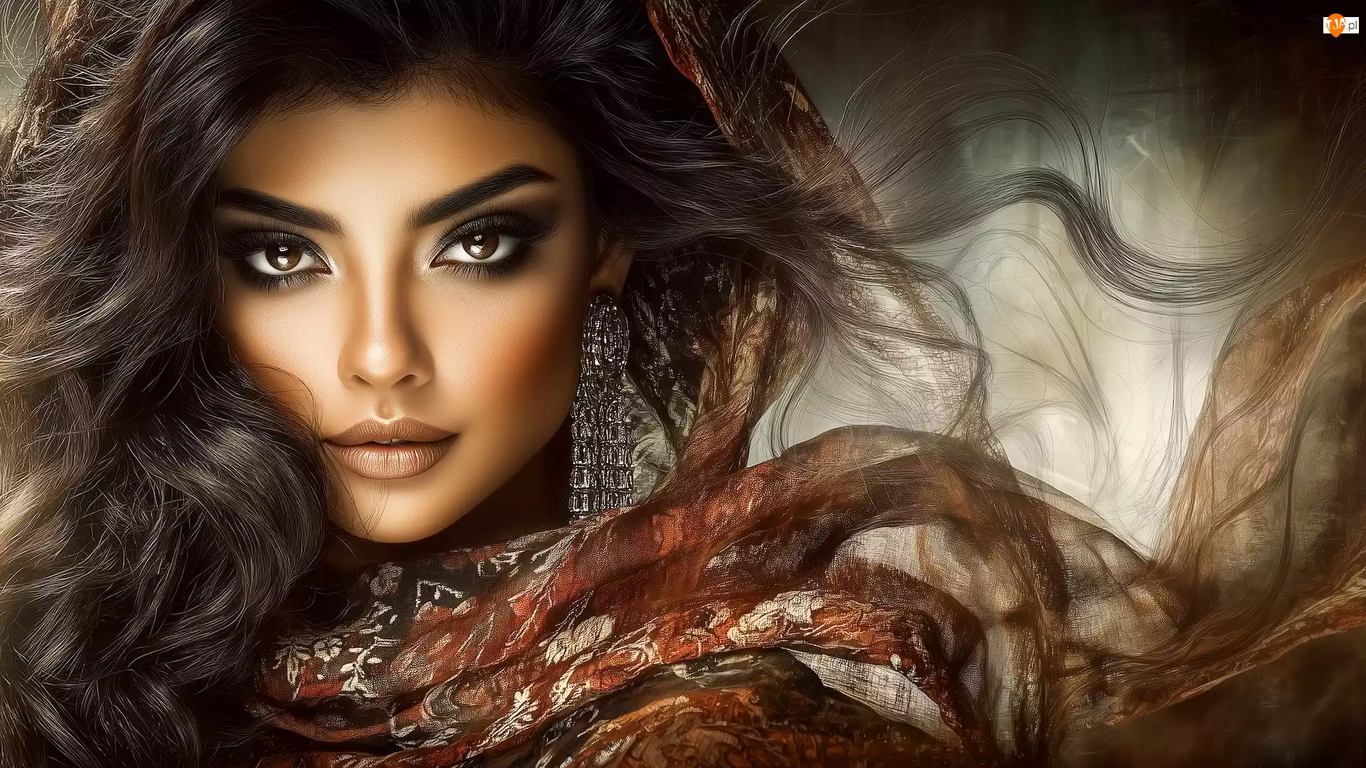 Twarz, Kobieta, Chusta, Grafika, Kolczyk, Materiał