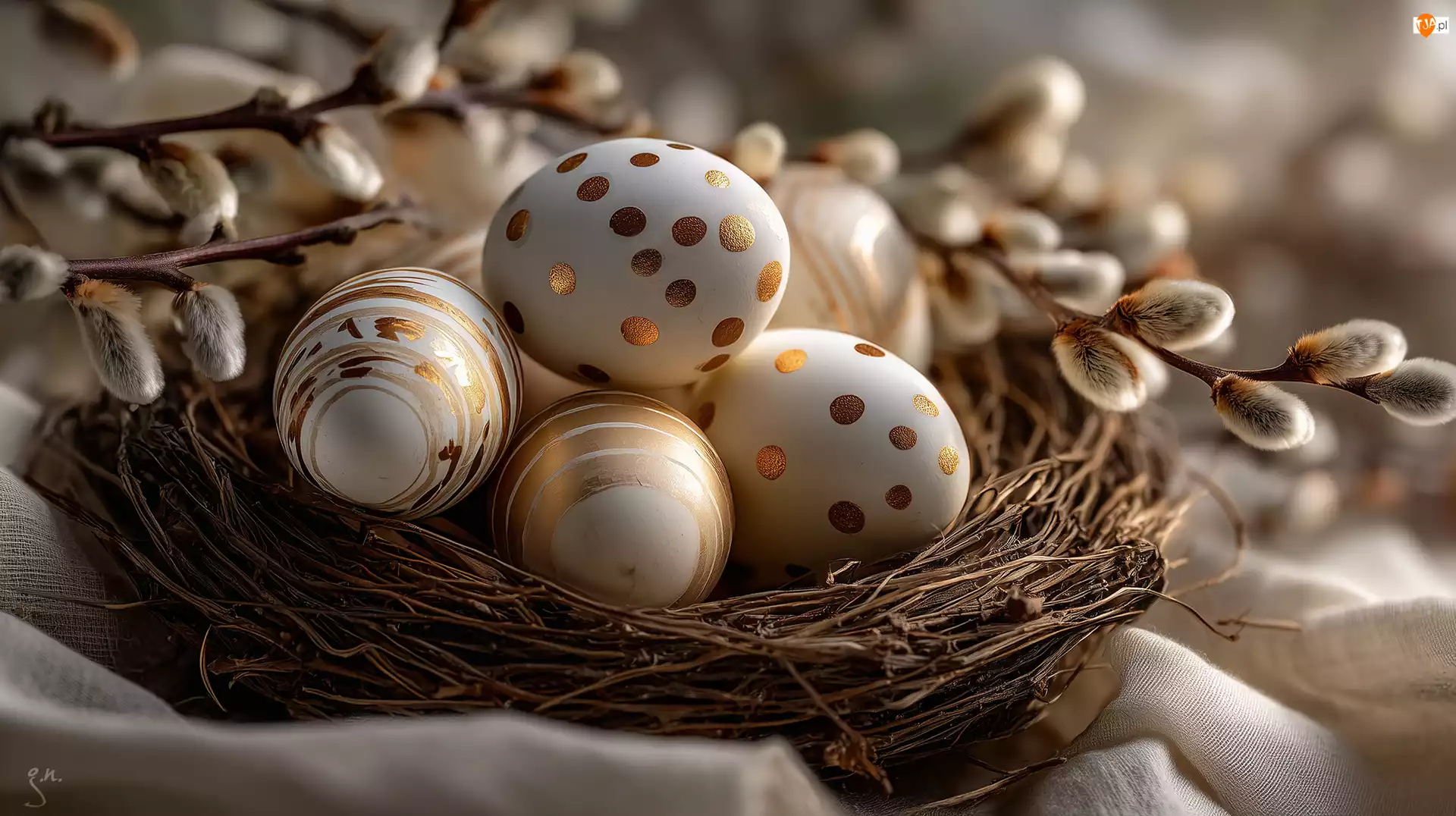 Pisanki, Złote, Grafika AI, Gniazdko, Wielkanoc, Bazie, Wzory