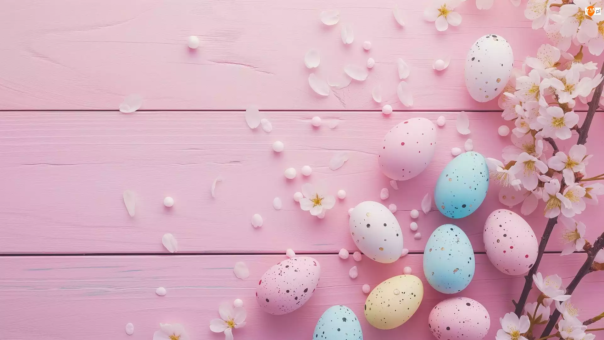 Tło, Kolorowe, Różowe, Białe, Kwiaty, Nakrapiane, Pisanki, Wielkanoc, Gałązki