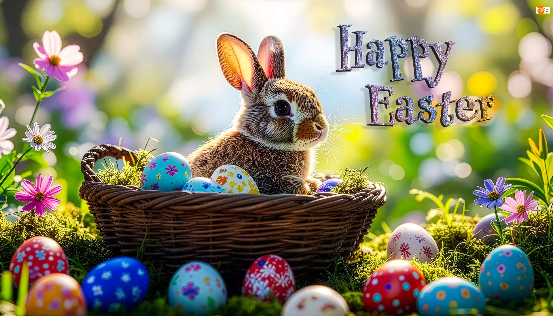 Happy Easter, Koszyk, Napis, Mech, Kwiaty, Królik, Kolorowe, Wielkanoc, Pisanki