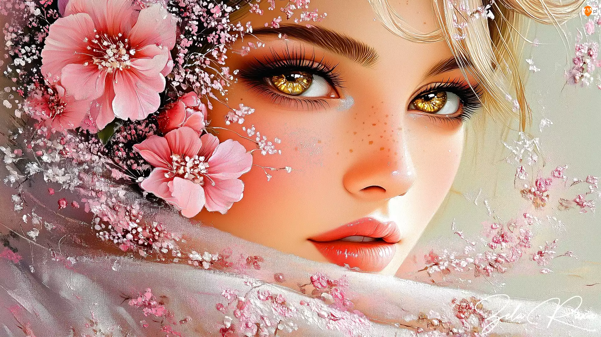 Oczy, Grafika AI, Piwne, Kobieta, Kwiaty