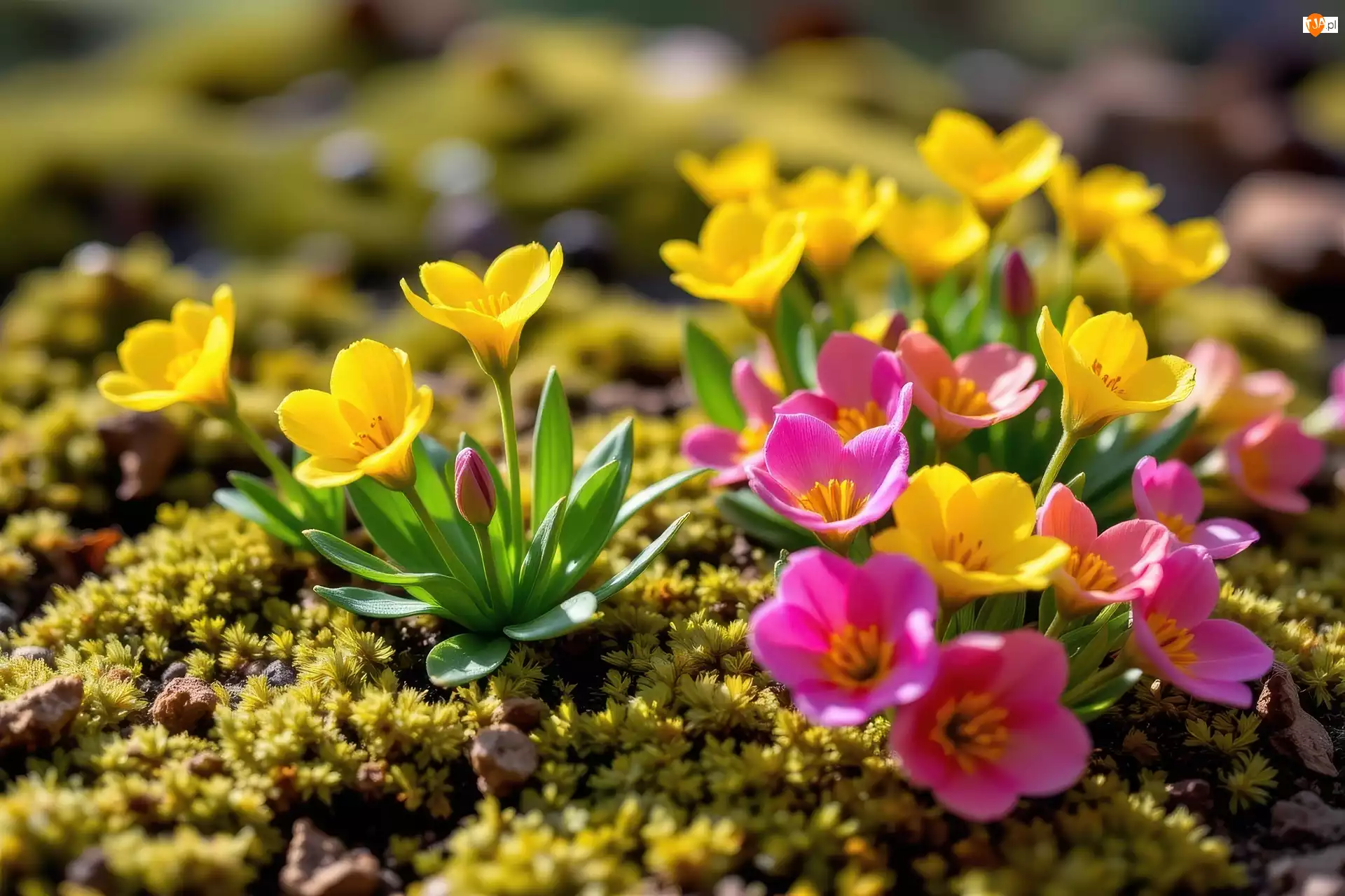 Mech, Różowe, Żółte, Kwiaty