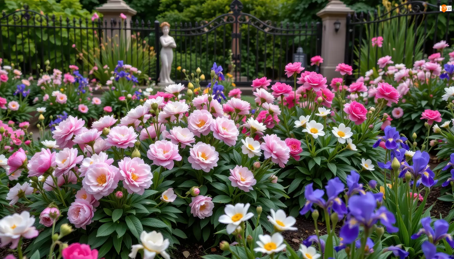 Irysy, Ogród, Kwiaty, Piwonie