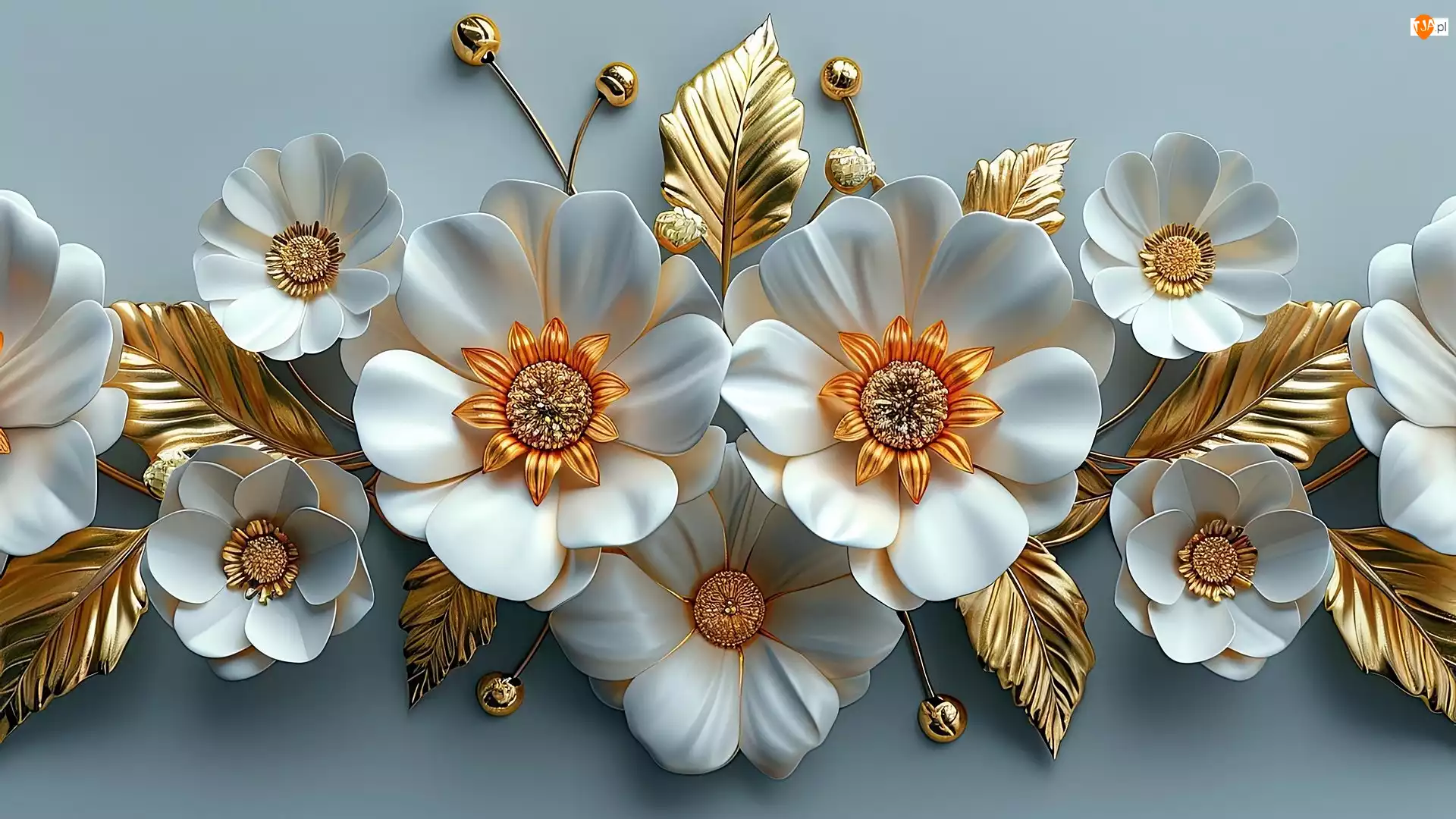 Kwiaty, Listki, Białe, Grafika, Złote