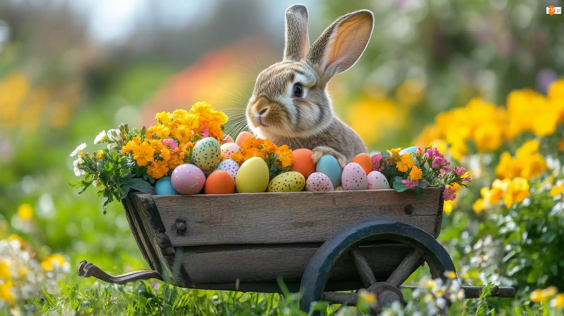 Królik, Pisanki, AI, Wielkanoc, Drewniany, Wózek, Kwiaty