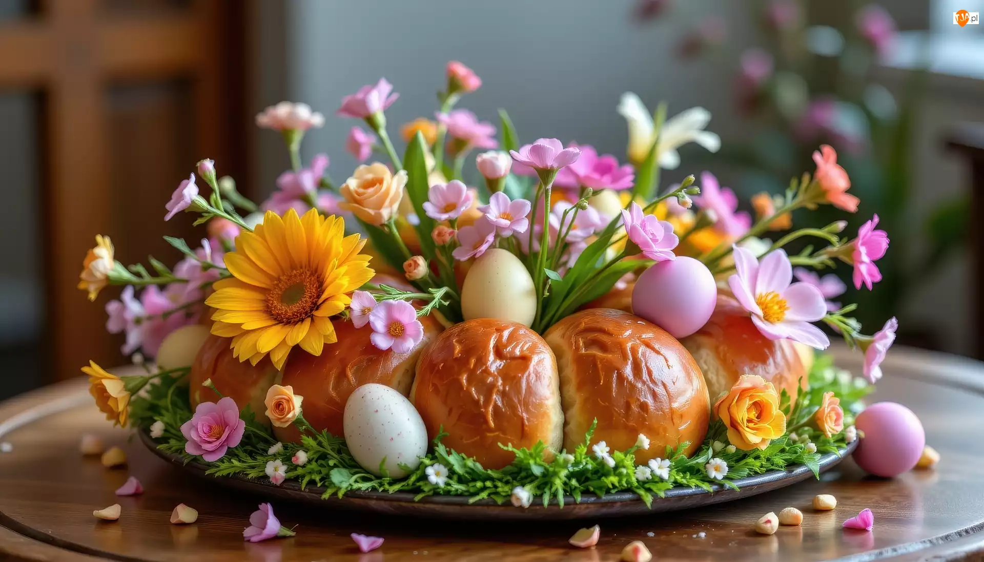 Kolorowe, Kwiaty, Wielkanoc, Chleb, Stół, Talerz, Pisanki