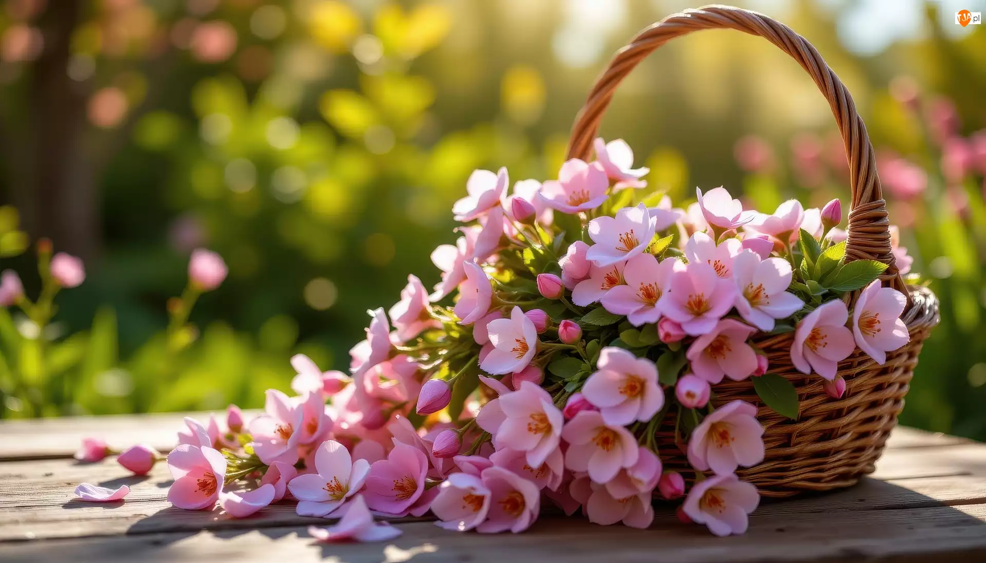 Drobne, Różowe, Wiklinowy, Deski, Kwiaty, Koszyk