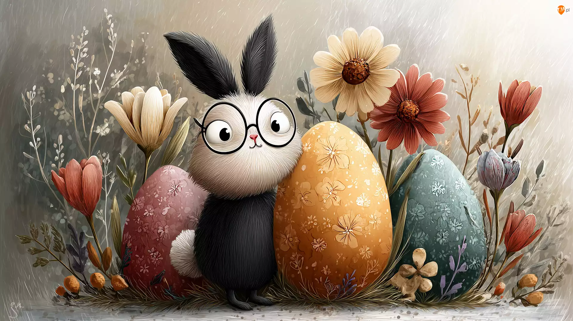 Pisanki, Grafika AI, Zajączek, Wielkanoc, Kwiaty