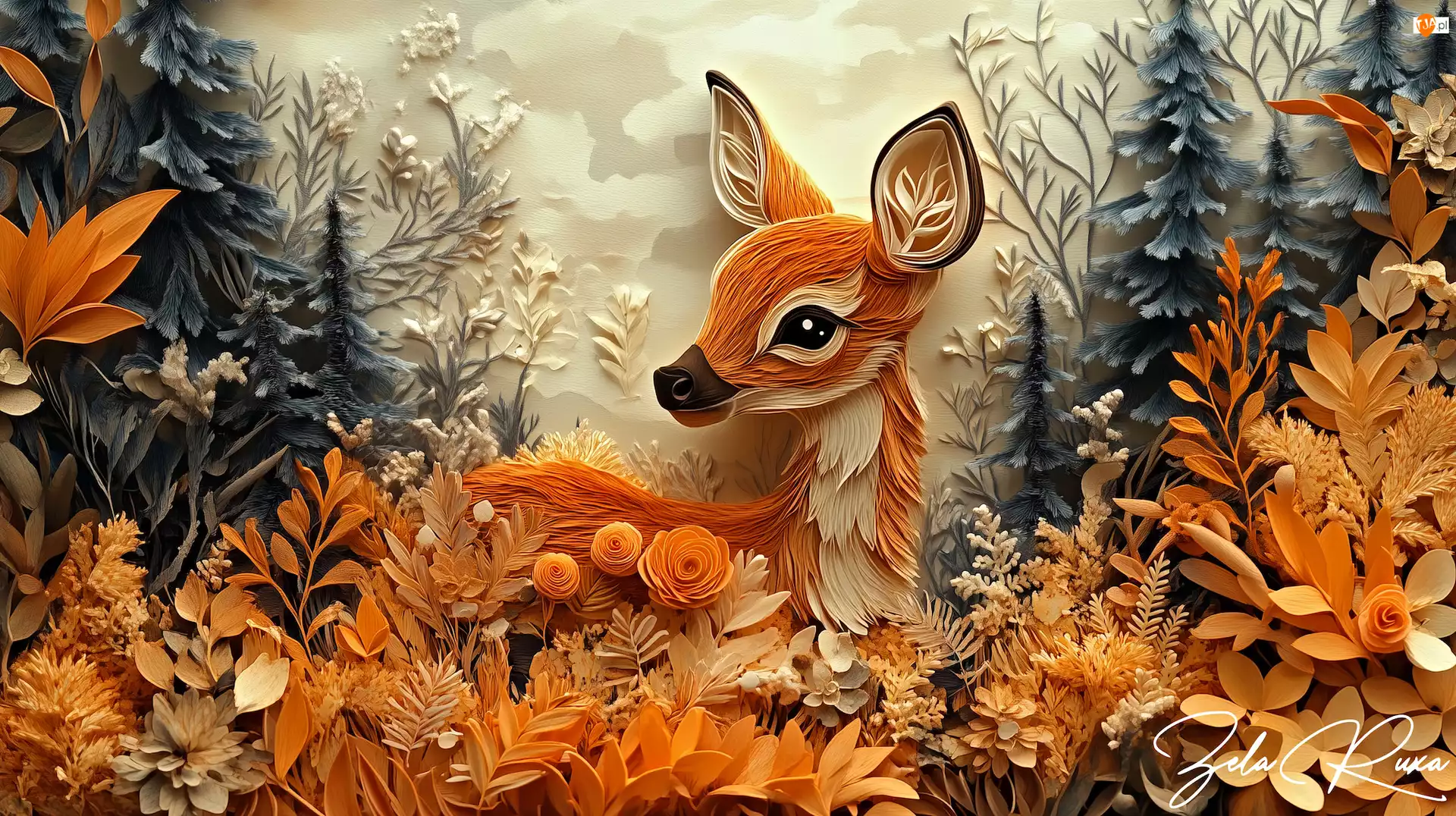 Rośliny, Grafika, Sarna, Drzewa