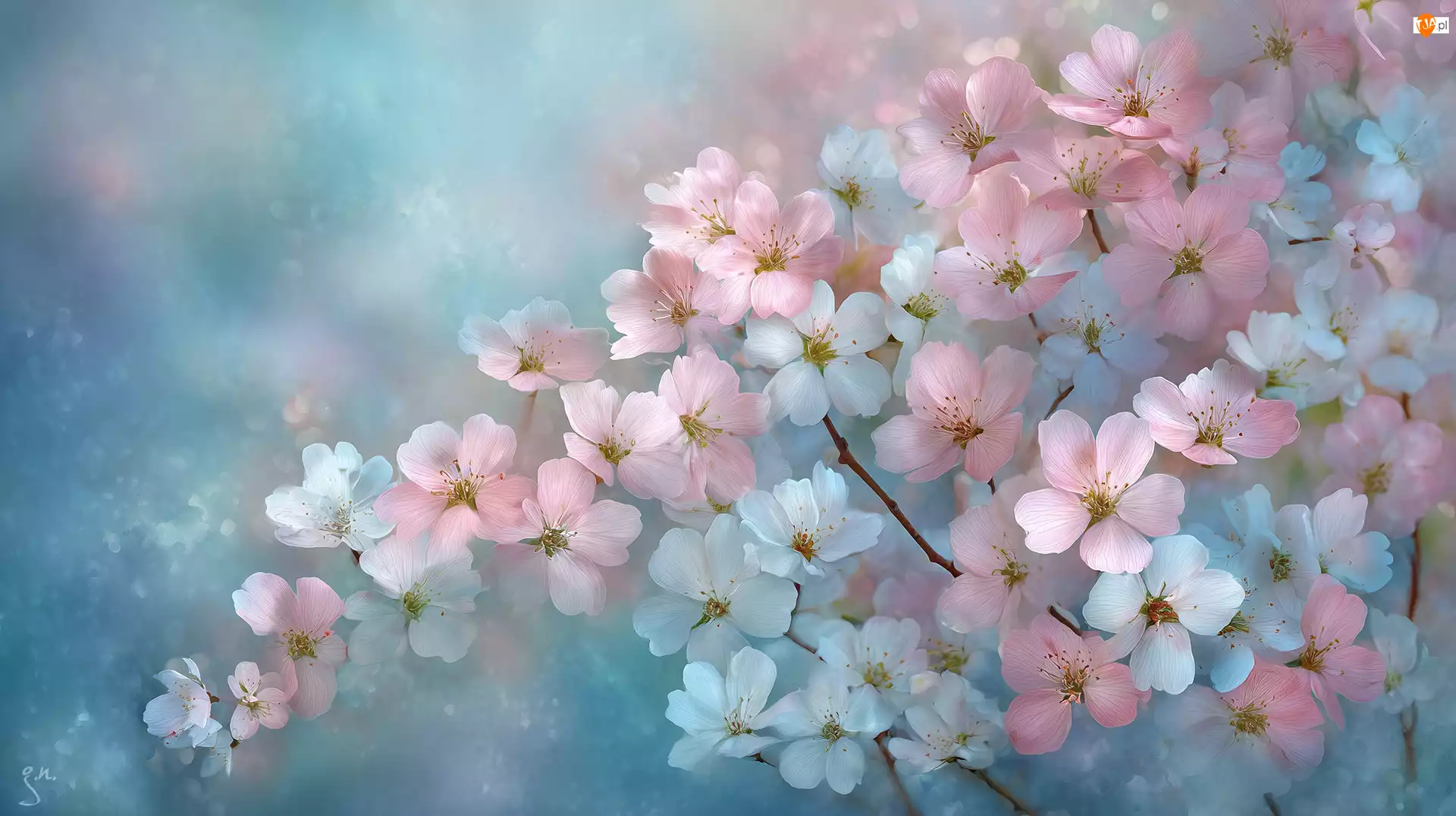 Białe, Grafika AI, Niebieskie, Różowe, Kwiaty