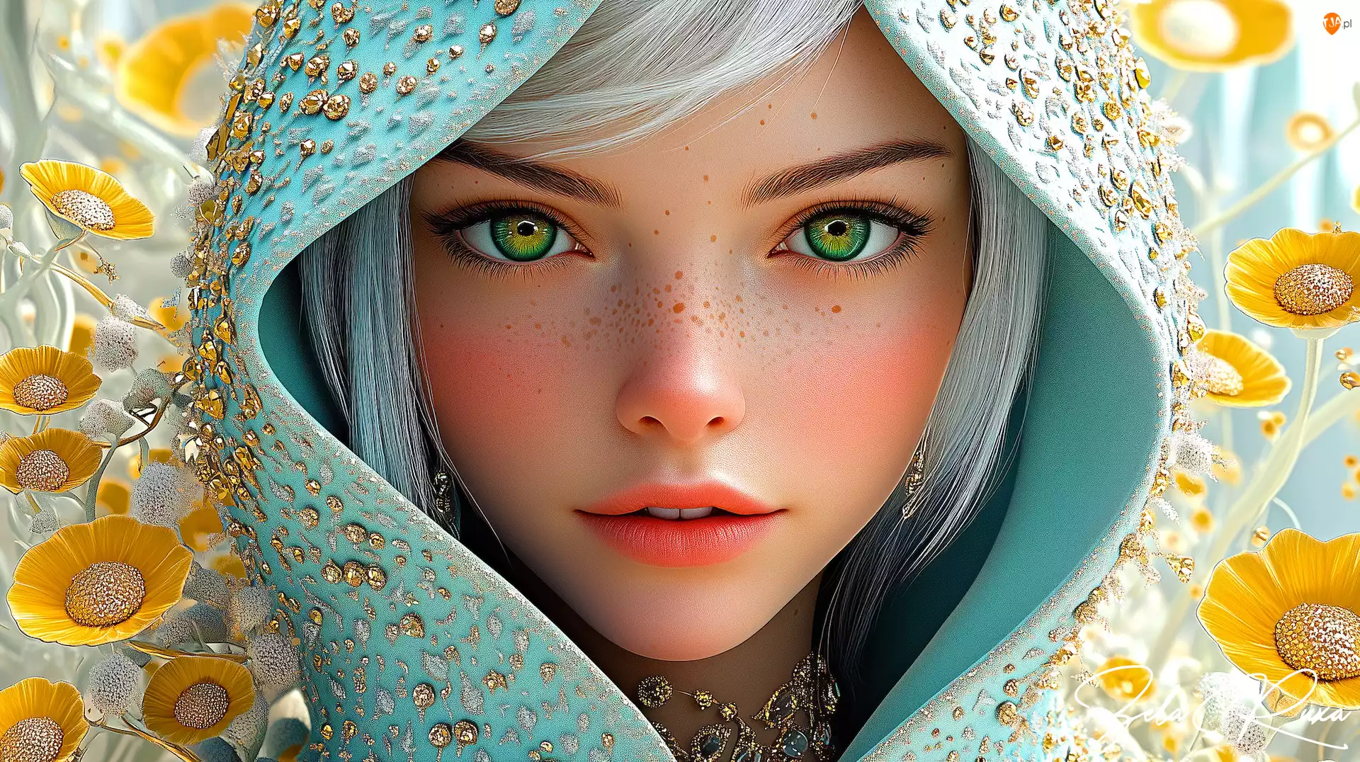 Blondynka, Kobieta, Kwiaty, Grafika, Kaptur, Biżuteria