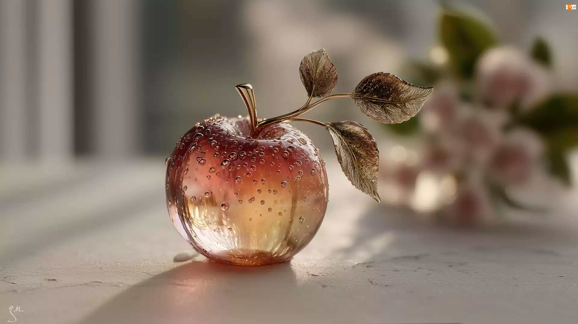 Złote, Grafika AI, Jabłko, Szklane, Liście