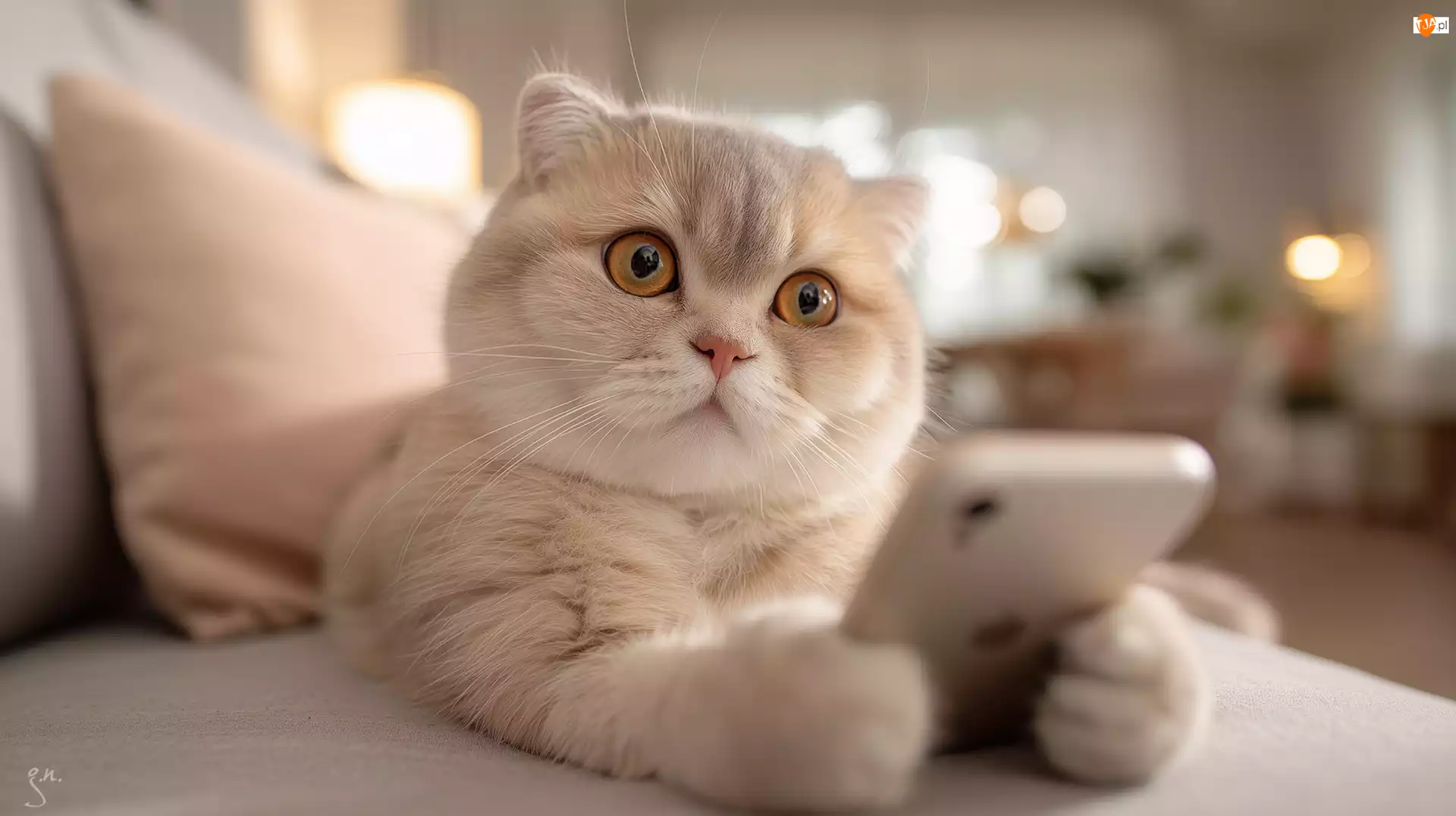Kot, Beżowy, Telefon, Grafika AI, Kanapa, Komórka