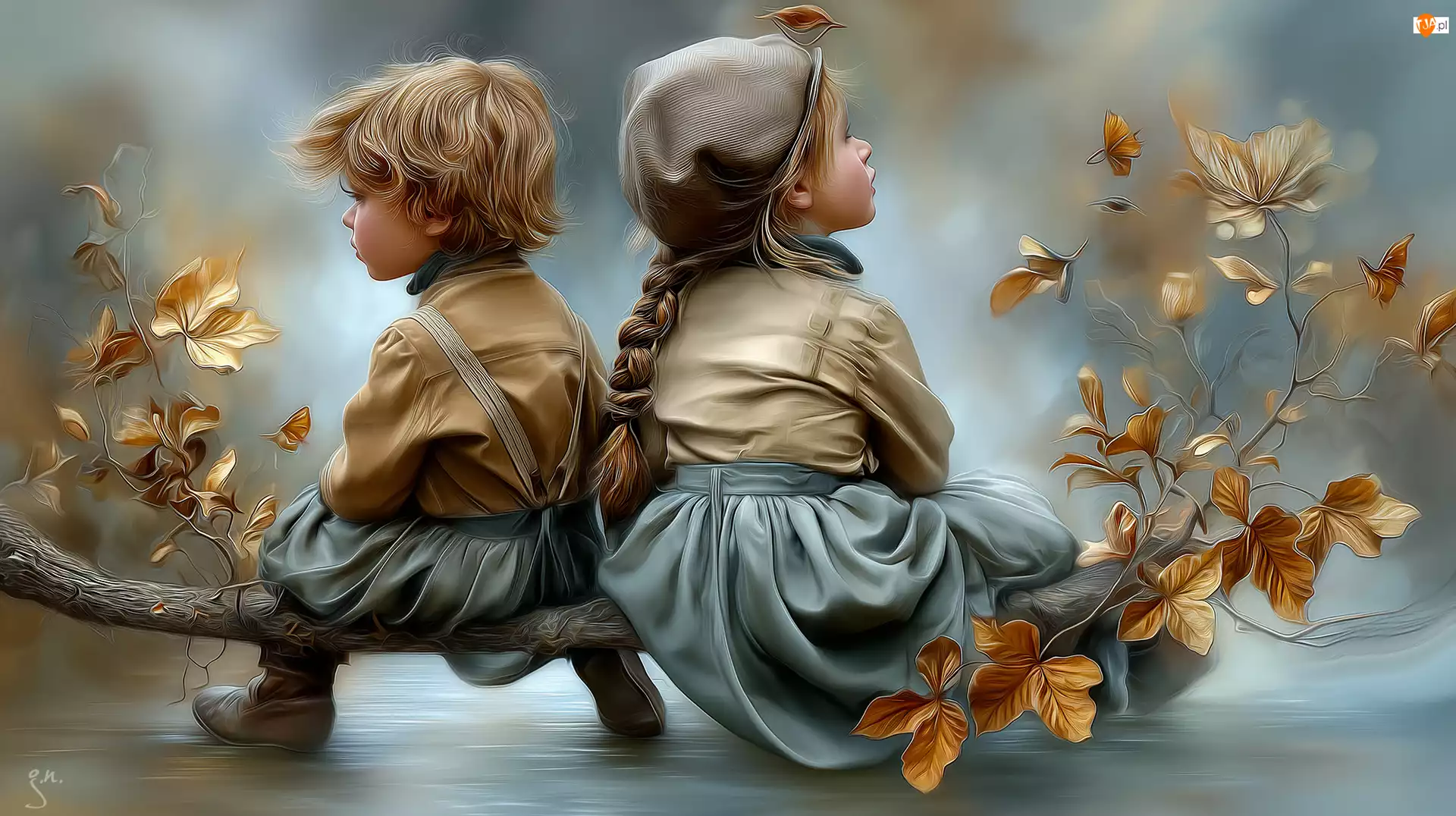 Grafika AI, Chłopiec, Dziewczynka, Gałąź