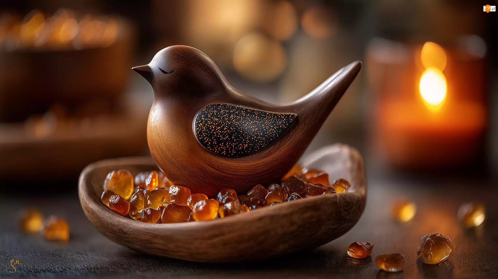 Ptak, Drewniany, Kamienie, Grafika AI, Miska, Dekoracja