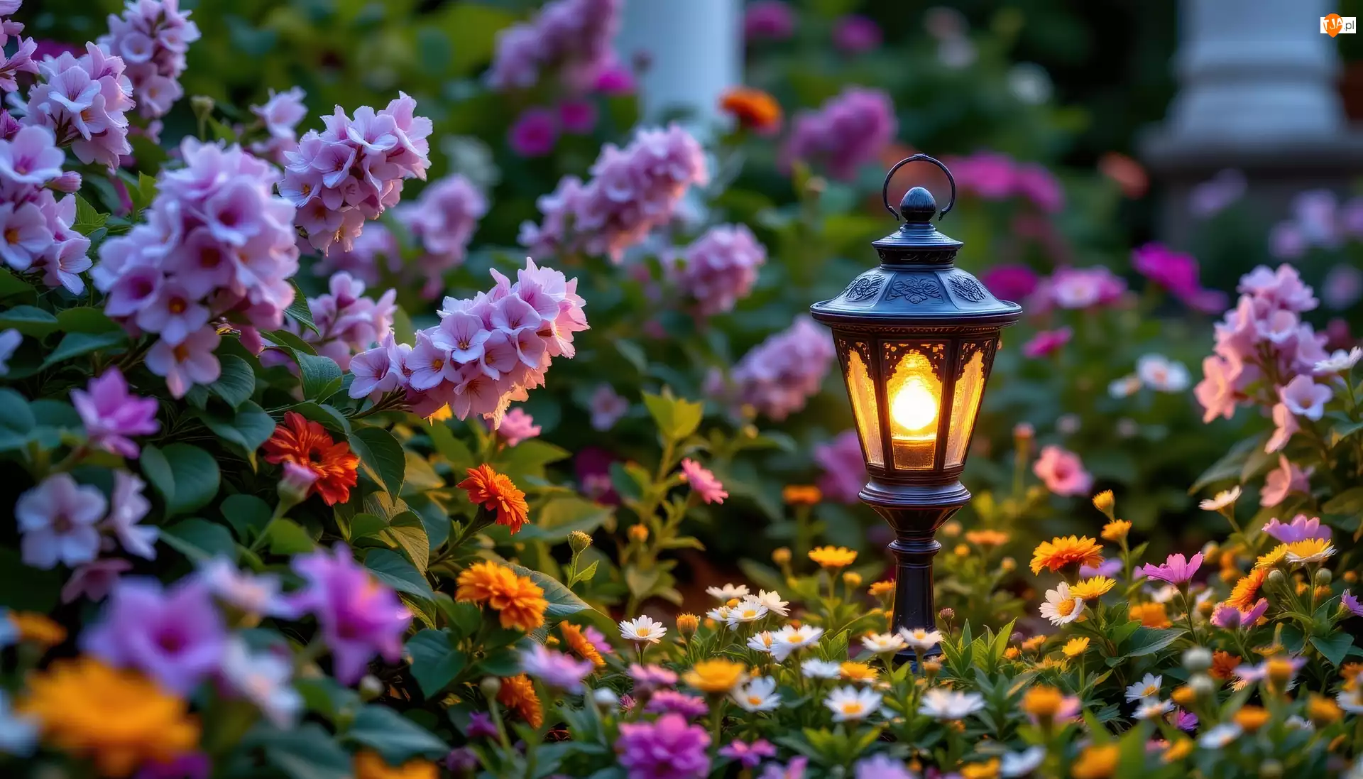 Kwiaty, Ogród, Lampa