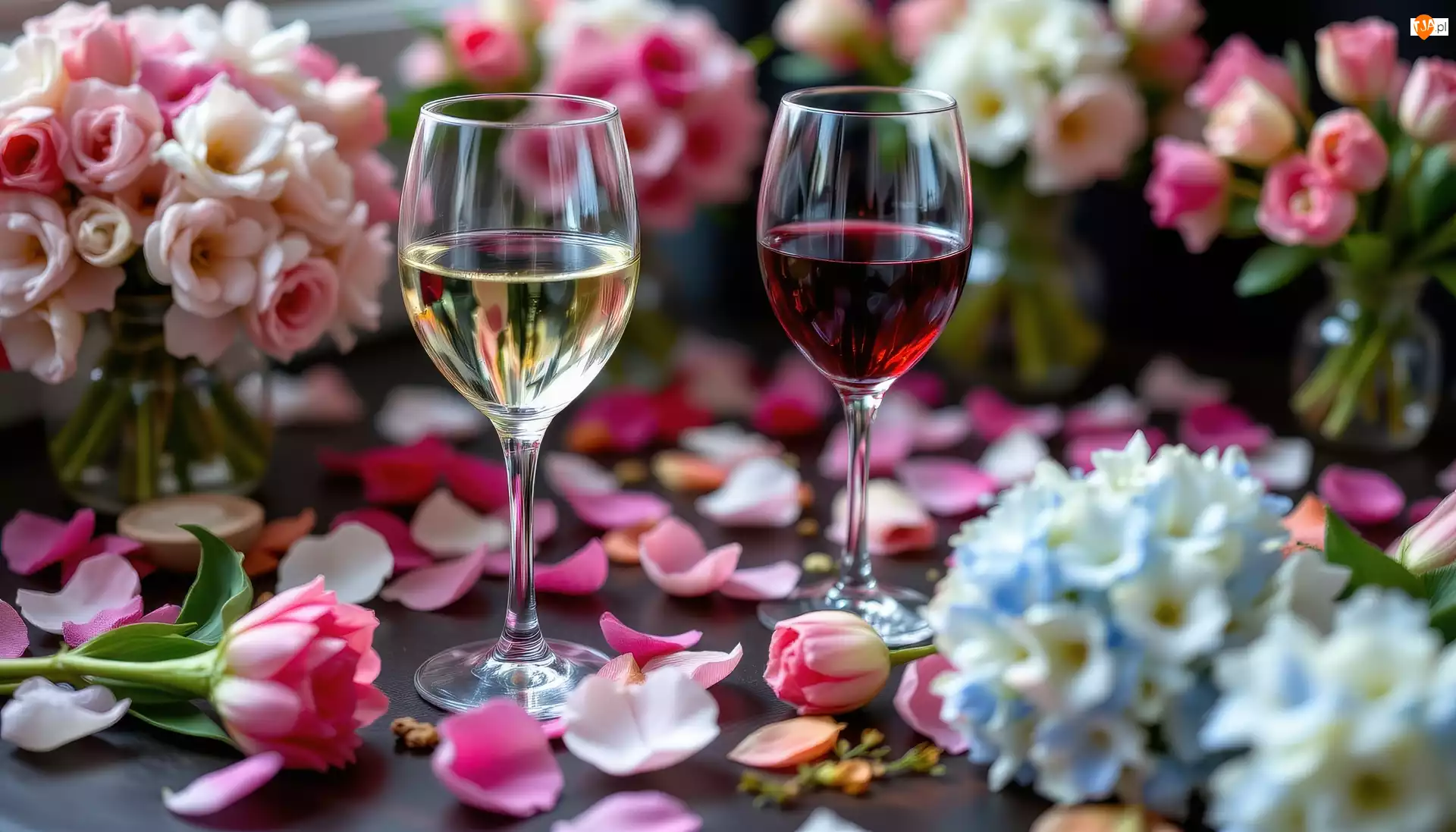 Wino, Płatki, Kieliszki, Dwa, Kwiaty