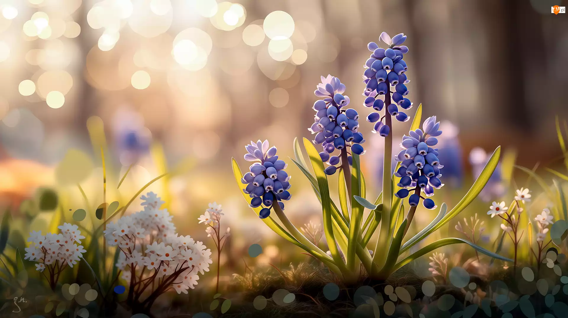 Kwiaty, Grafika AI, Niebieskie, Szafirki, Bokeh