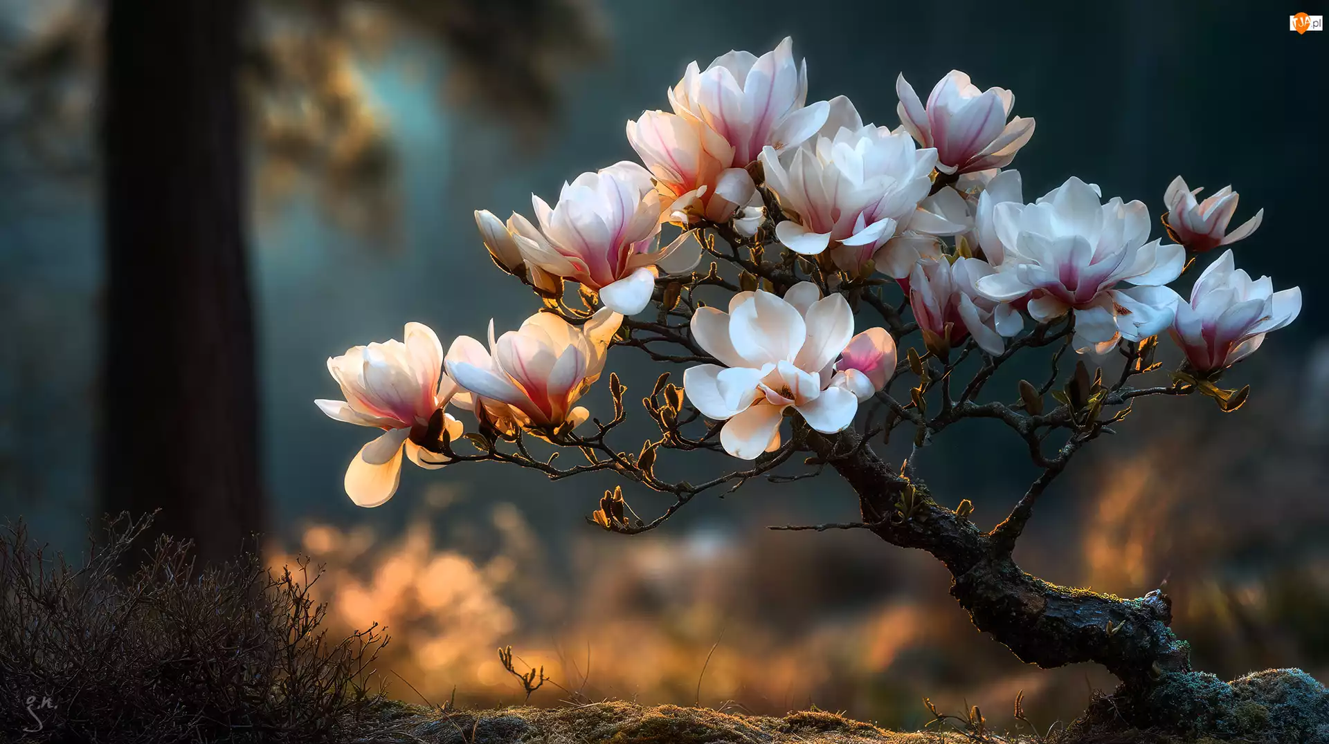 Krzew, Magnolia, Kwiaty, Grafika AI, Różowe, Bonsai