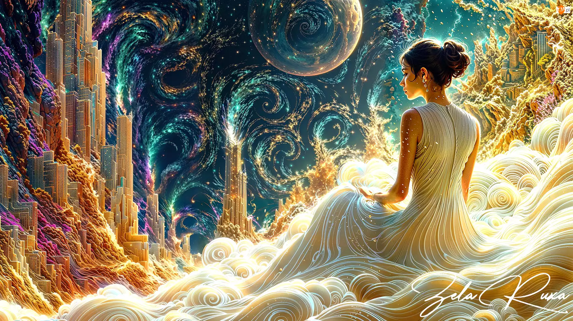 Fantasy, Kobieta, Suknia, Wieżowce