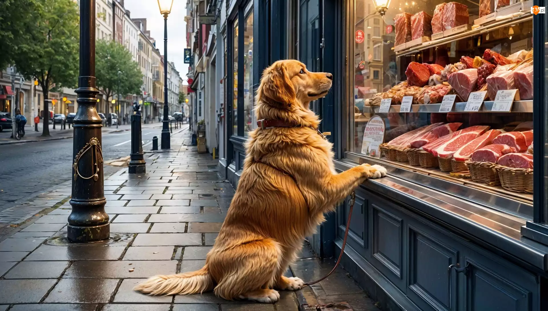Golden retriever, Sklep, Ulica, Pies, Chodnik, Wystawa, Mięso